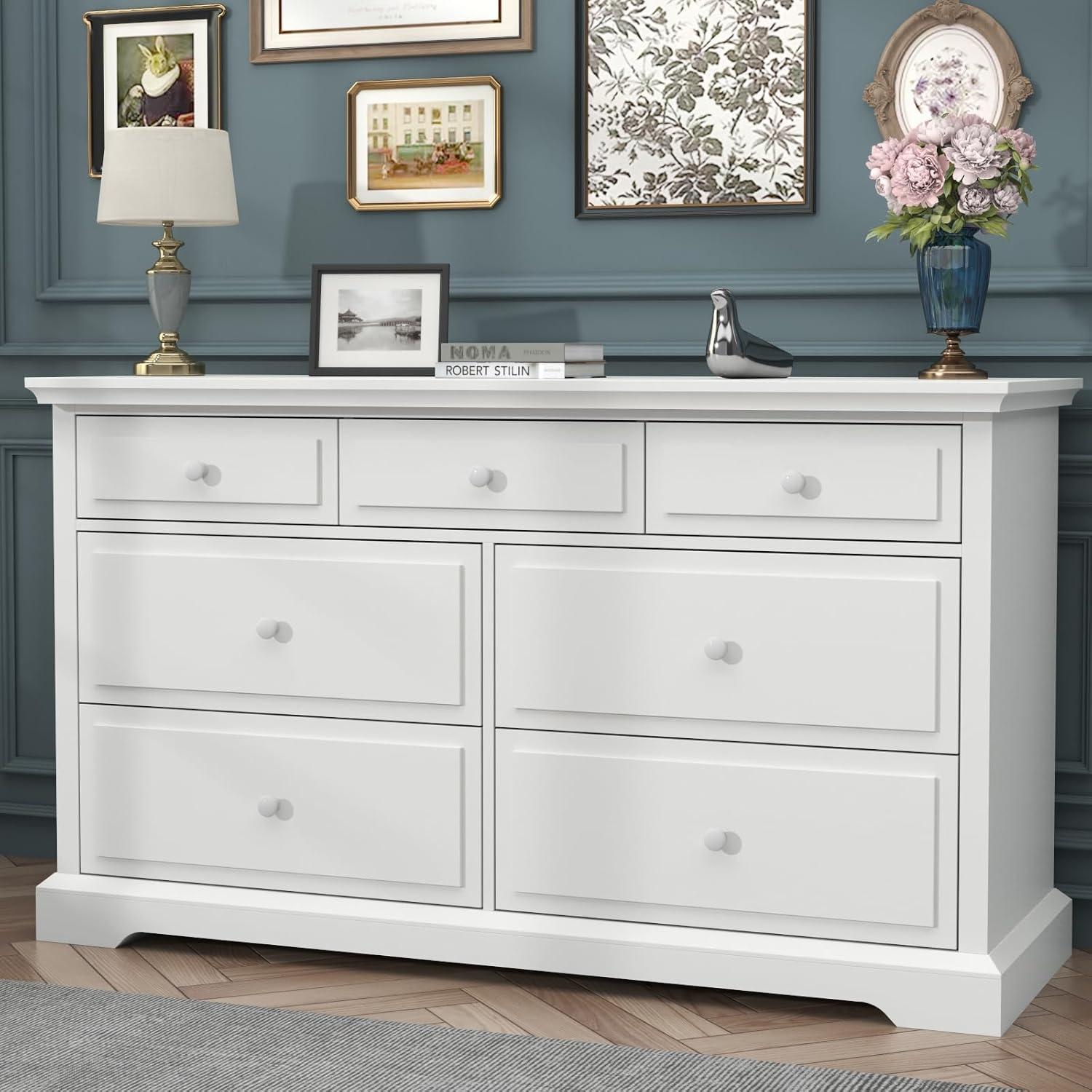 Winston Porter Raydyn 7 Drawers White Double Dressers Chests for Bedroom, Large Storage Dressers Organizer for Bedroom, Long Dresser Tv Stand, Vintage Solid Tall Closet Dressers with Storage for Living Room, Hallway