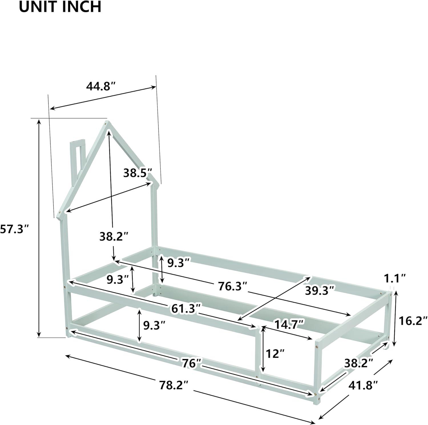 Kids Montessori Floor Bed, Twin Size Wooden Floor Bed Frame with Fences Guardrails and House Shape Headboard, Without Slats Support, Light Green