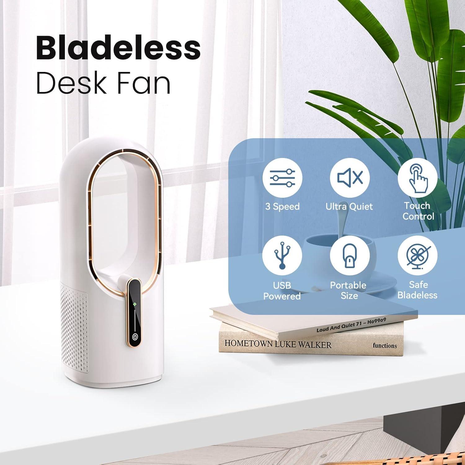 White Bladeless Desk Fan with Touch Control and 3 Speed Adjustment