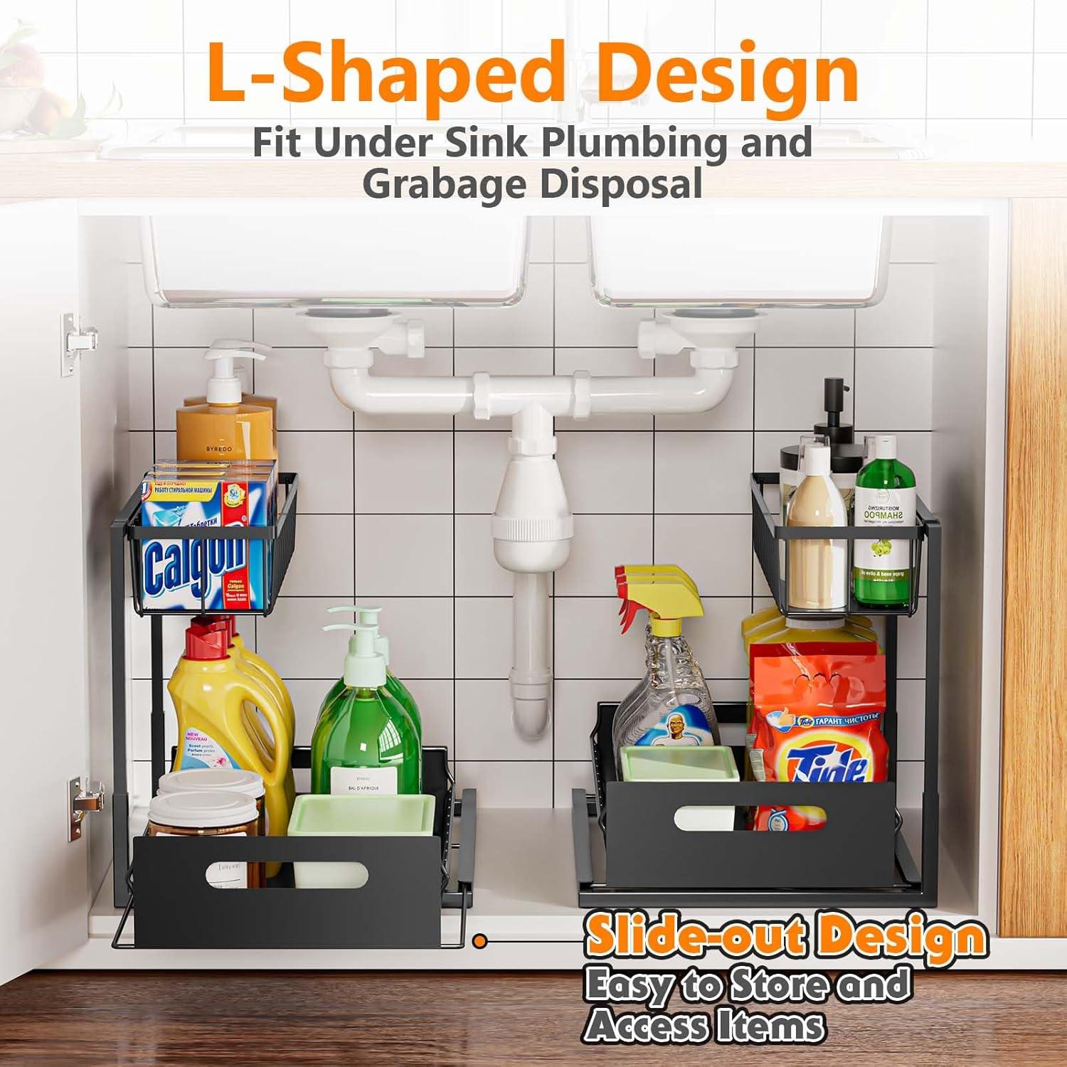 Under Sink Organizers and Storage, 2 Pack Pull Out Kitchen Bathroom Cabinet Organizer, 2 Tier Black Under Sink Storage for Bathroom Kitchen, Under Counter Storage Organizer with 8 Hooks