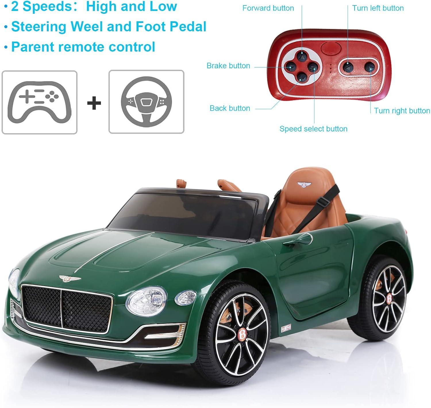 Dazone 12V Bentley Style Kids Ride on Truck Car, Manual/ Parental Remote Control Modes Truck Vehicle with Headlights, MP3 Port, Music for Children(Green)