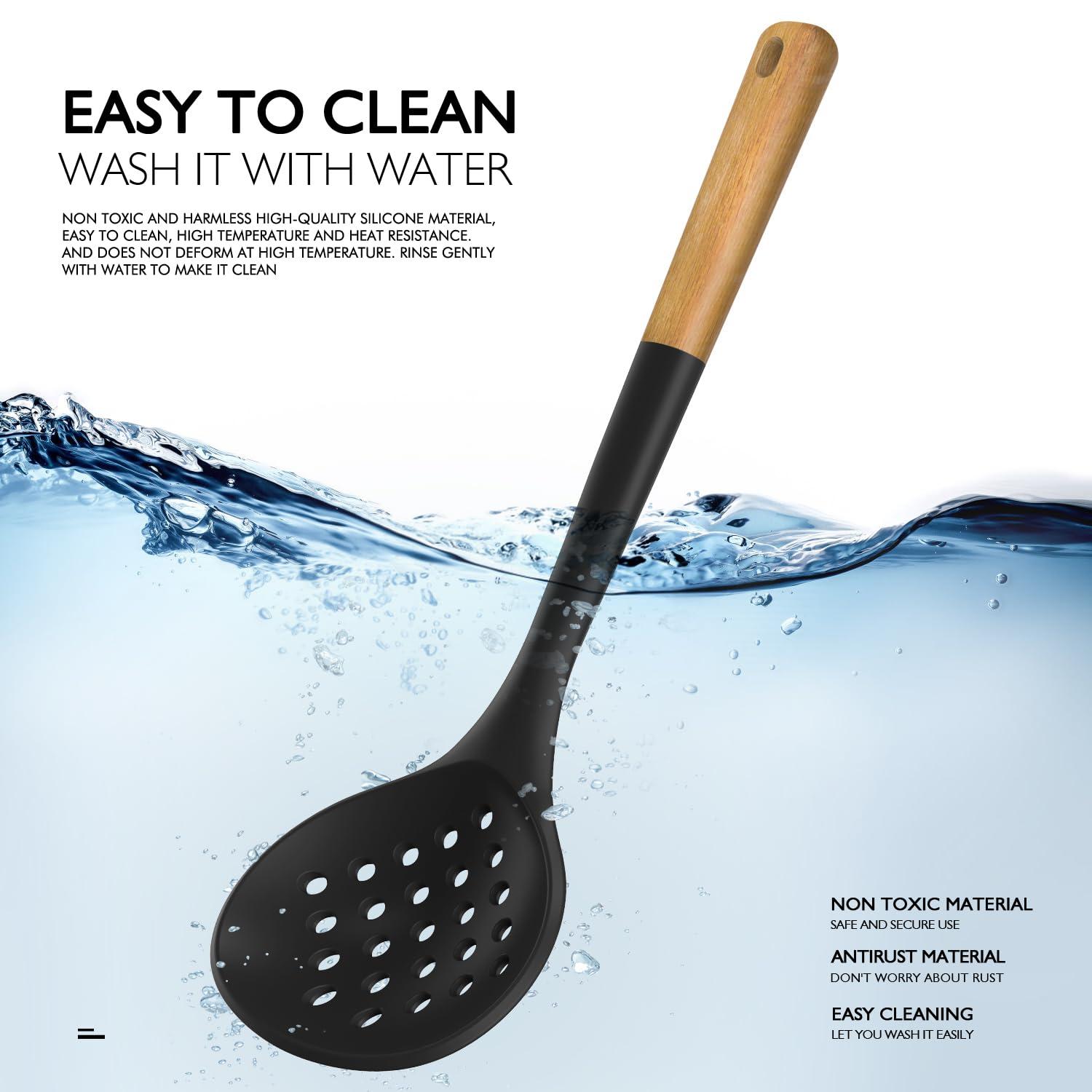 Large Silicone Cooking Utensils - Heat Resistant Kitchen Utensil Set with Wooden Handles, Spatula,Turner, Slotted Spoon, Pasta server, Kitchen Gadgets Tools Sets for Non-Stick Cookware (Black)