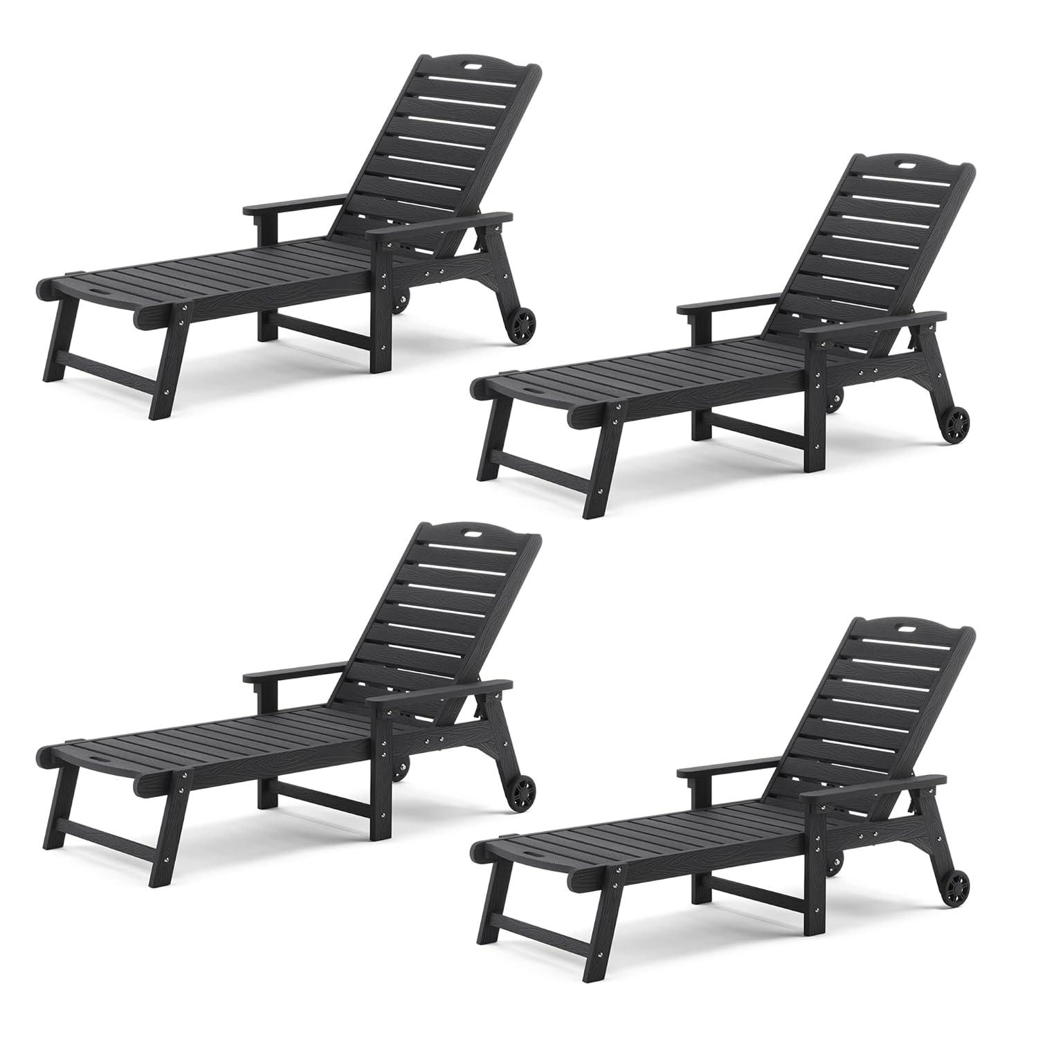 LUE BONA Outdoor Chaise Lounge Chairs Set of 4, 79'' Oversized HDPS Chaise Lounger, 5 Positions Adjustable Lounge Chairs, Pool Lounge Chair with Wheels for Poolside, 3 Year Warranty, Black