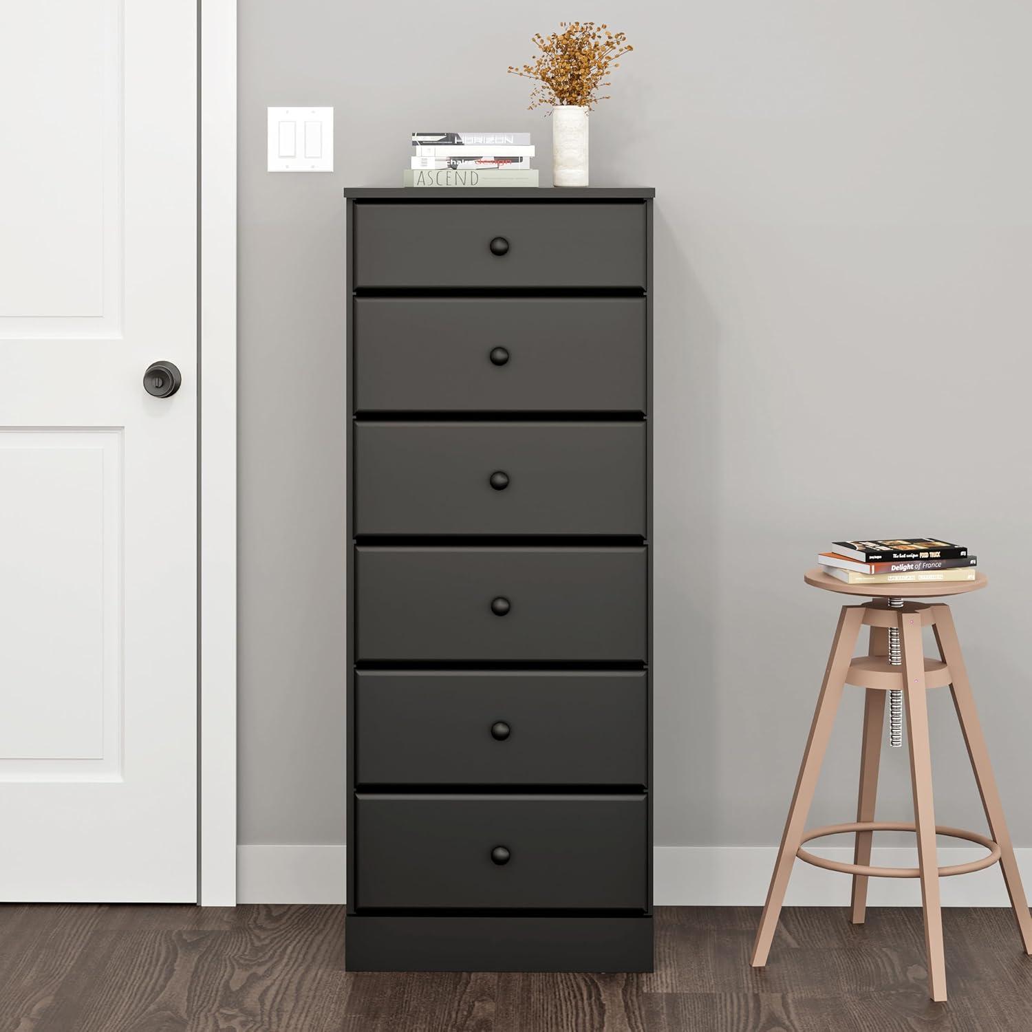 Astrid 6 Drawer Tall Chest Black - Prepac: Space-Saving Vertical Storage for Bedroom