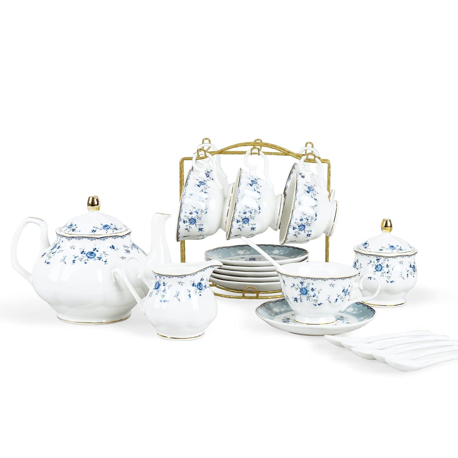Bloomsbury Market 15 Piece Blue Rose Porcelain Tea Set, British Floral Teapot With Tea Cups, Women Tea Party Set For 6