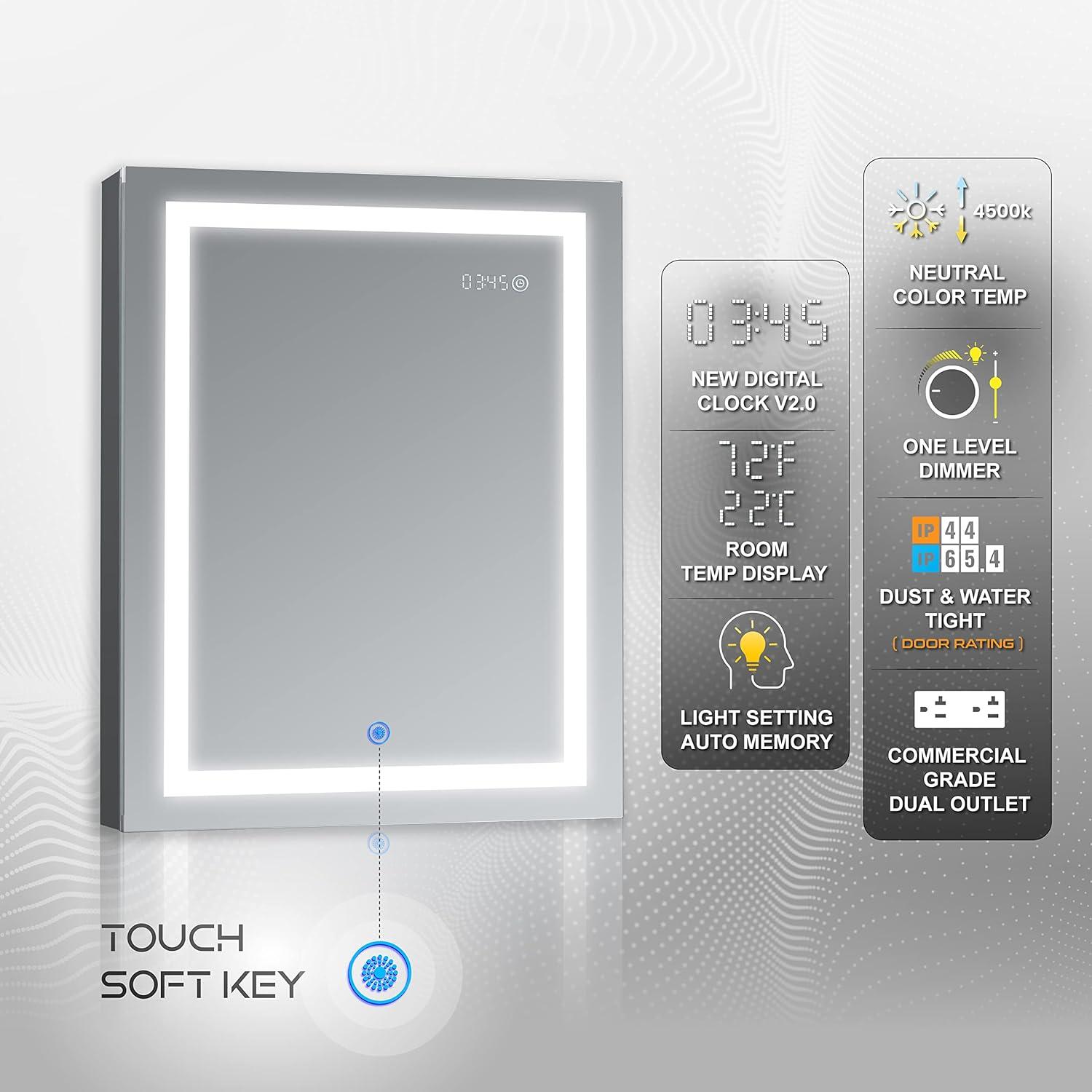 DECADOM LED Mirror Medicine Cabinet Recessed or Surface, Dimmer, Clock, Room Temp Display, Dual Outlets (Duna 24x32 RT)