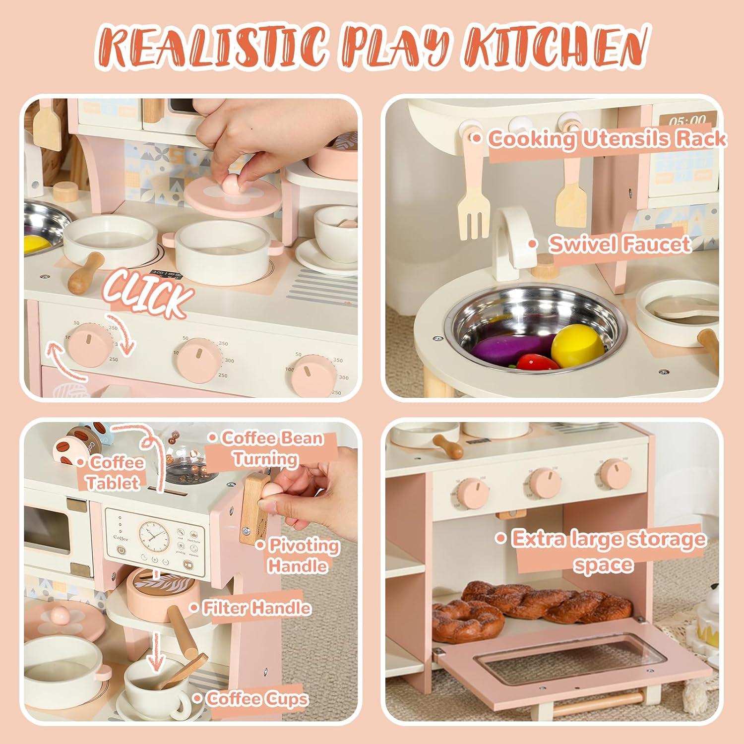 ROBOTIME Wooden Play Kitchen with Realistic Accessories for Kids Toddlers Girls & Boys Modern Style Cooking Toy Pink Kitchen