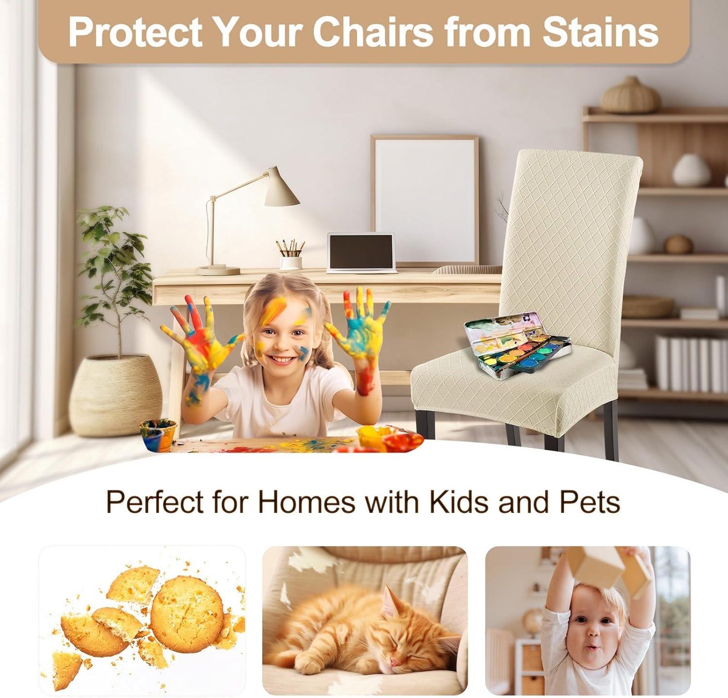 Beige Stretch Jacquard Dining Chair Covers, Set of 4