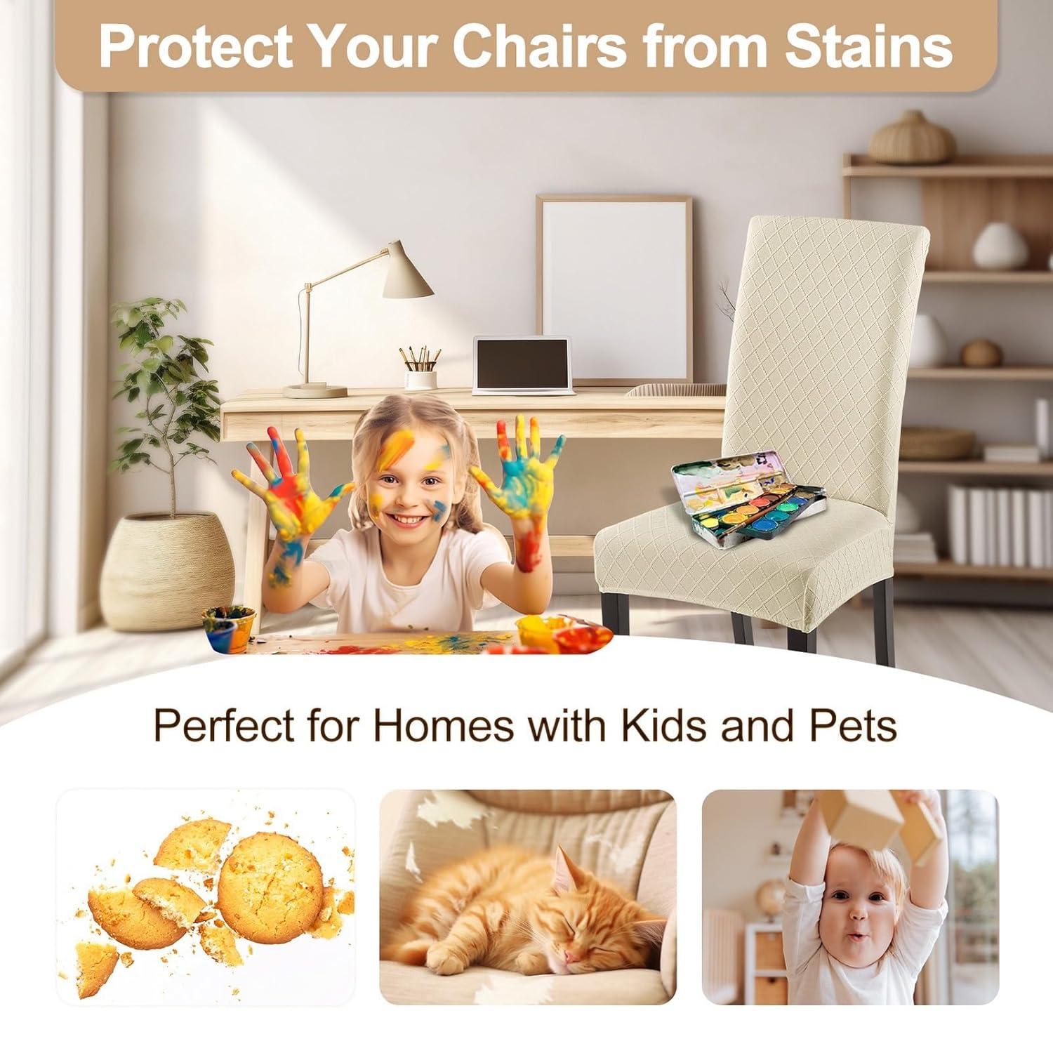 Beige Stretch Jacquard Dining Chair Covers, Set of 4