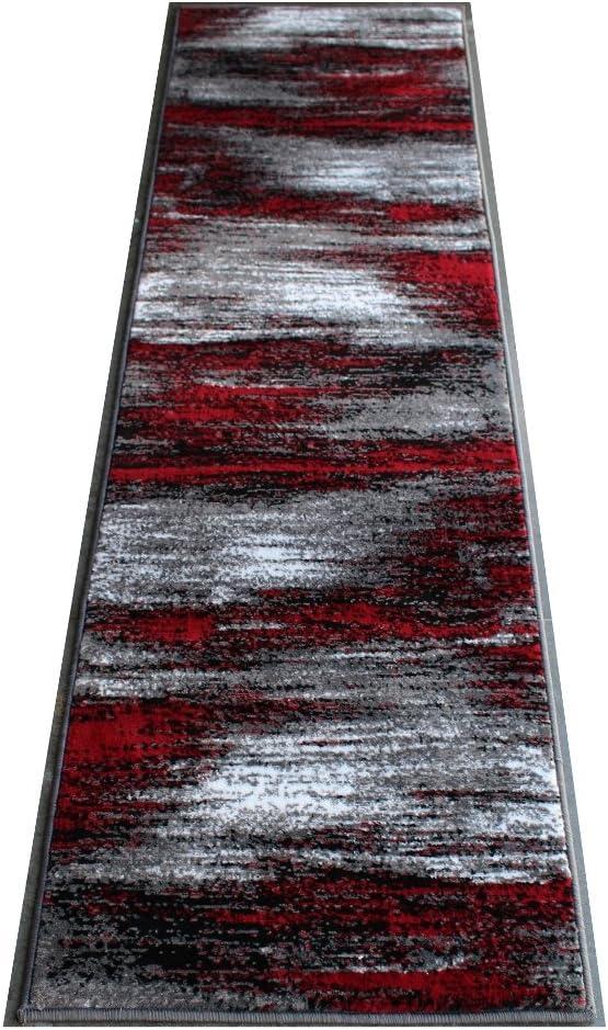 Red Grey Black High Pile Geometric Runner Rug