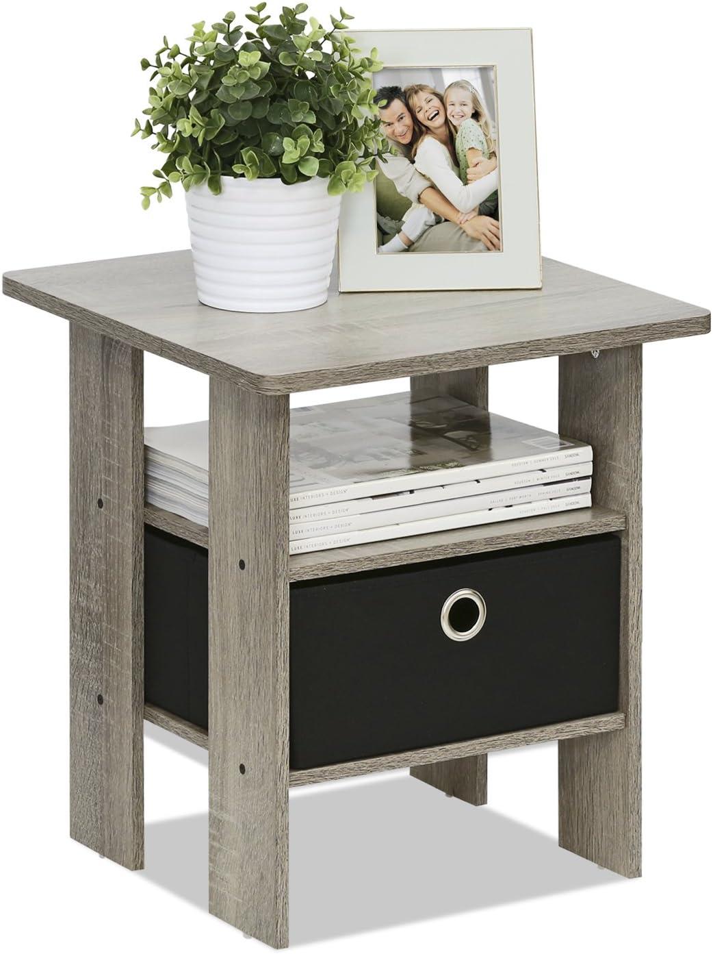 French Oak Grey and Black Engineered Wood End Table with Storage