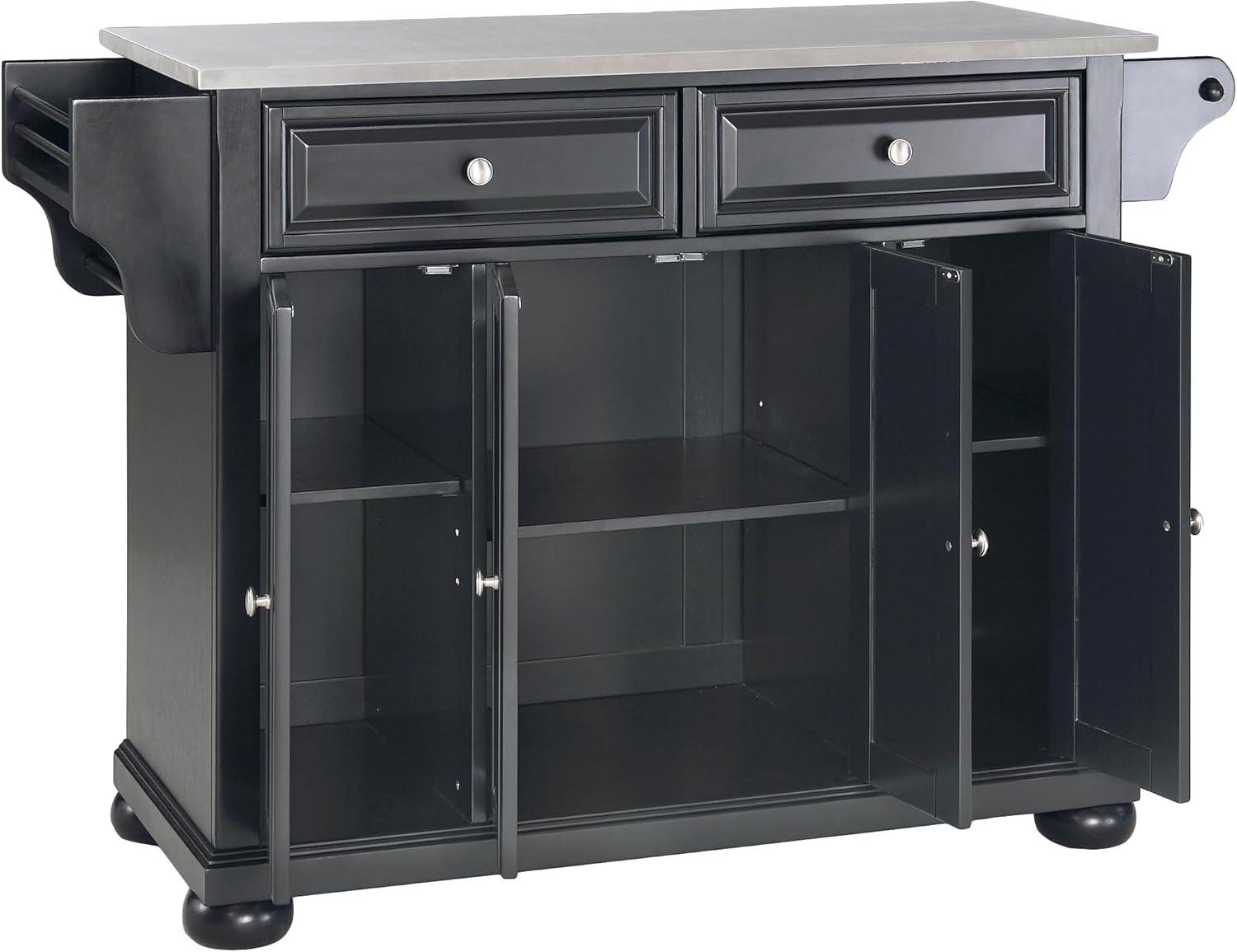 Alexandria Stainless Steel Top Kitchen Island Wood/Black - Crosley: Hardwood Frame, 6 Shelves, 2 Drawers