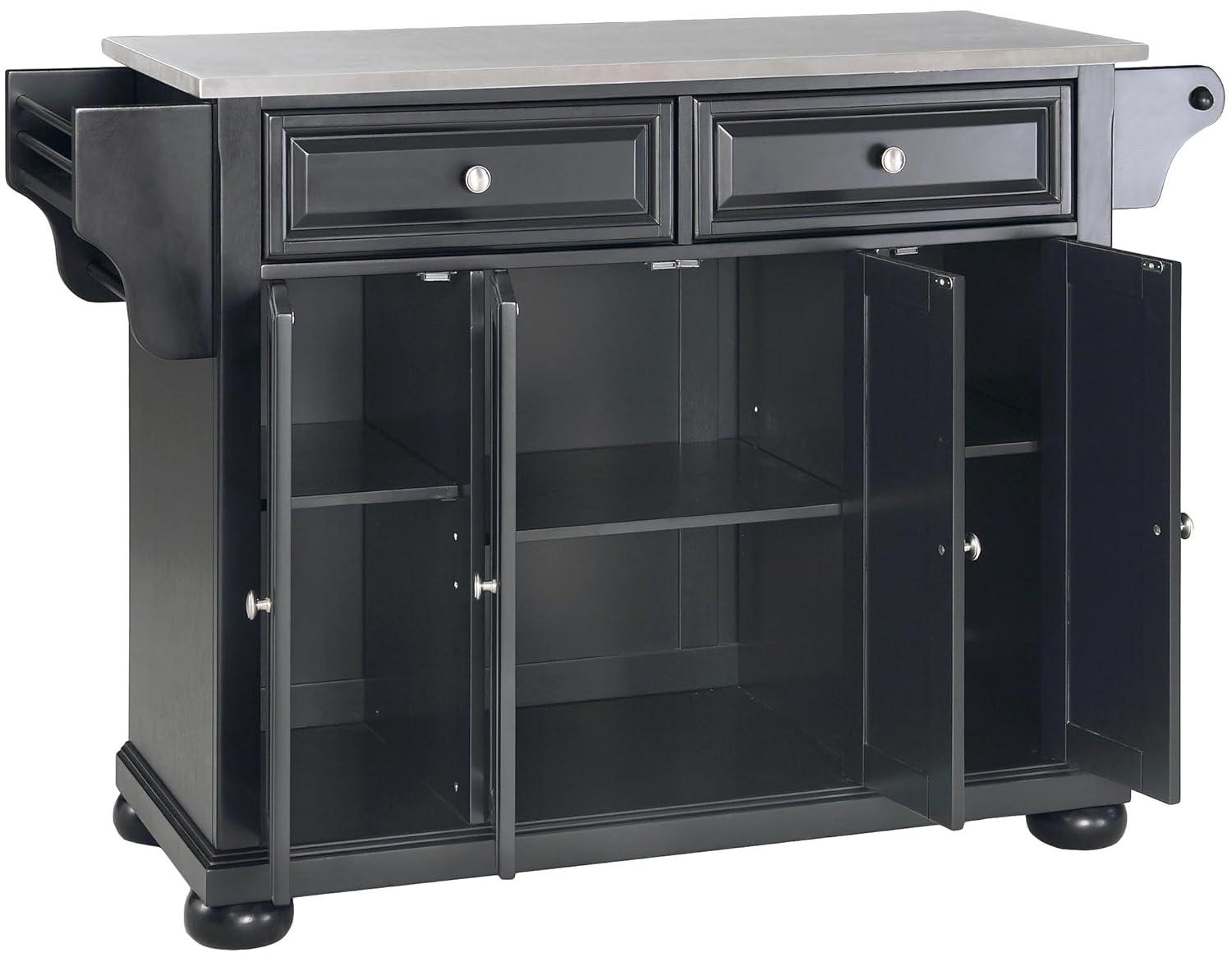 Alexandria Stainless Steel Top Kitchen Island Wood/Black - Crosley: Hardwood Frame, 6 Shelves, 2 Drawers