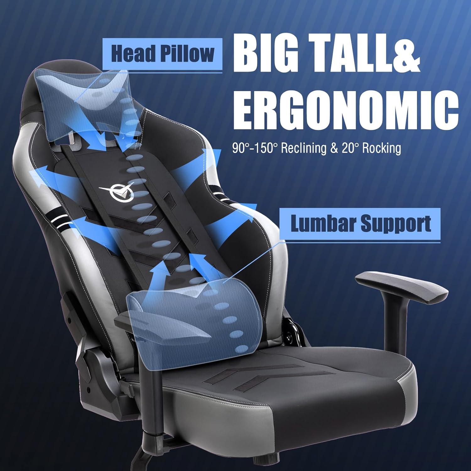 Big and Tall Gaming Chair with Footrest 350lbs-Racing Style Computer Gamer Chair, Ergonomic High Back PC Chair with Wide Seat, Reclining Back, 3D Armrest, Headrest and Lumbar Support for Adult-Black
