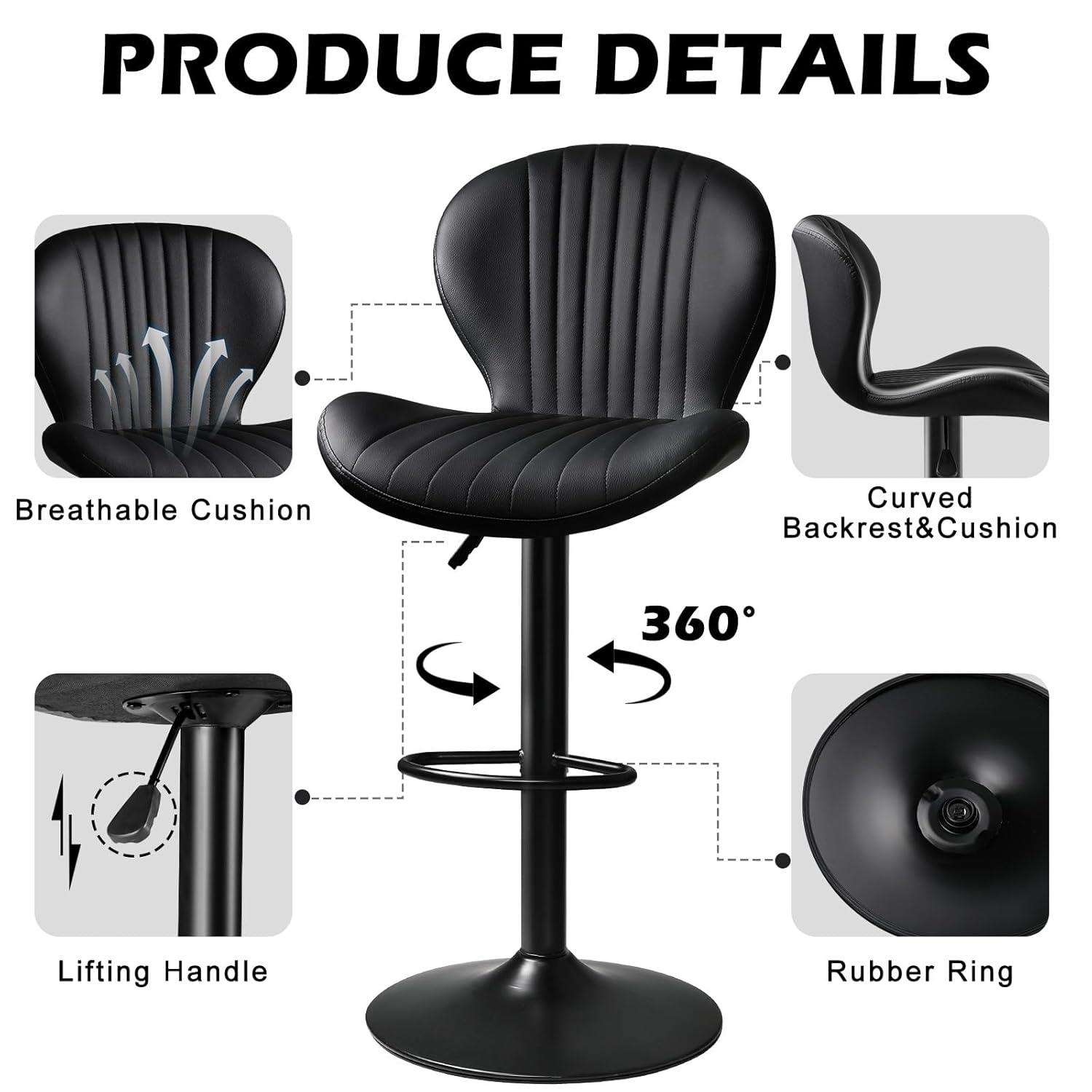 George Oliver Bar Stools Set Of 2,Adjustable Swivel Counter Height Bar Stools With Back & Footrest,Modern Design Bar Chairs,Faux Leather Upholstered Barstools For Bar,Kitchen,Dining Room (Black, Set Of 2)