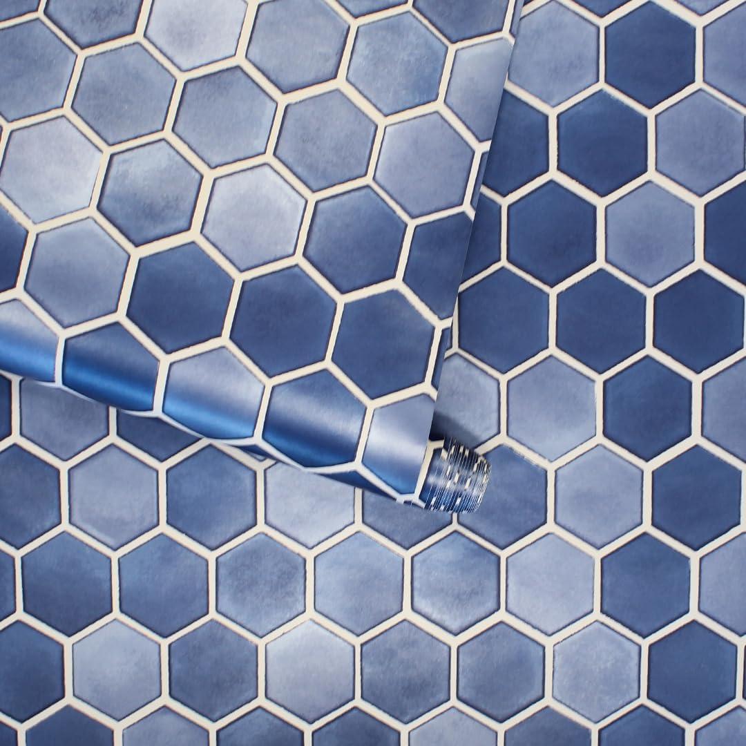 Tempaper & Co.® Hexagon Tile Removable Peel and Stick Wallpaper, Shades of Sapphire, 28 sq. ft.: Vinyl, Self-Adhesive, Geometric Design