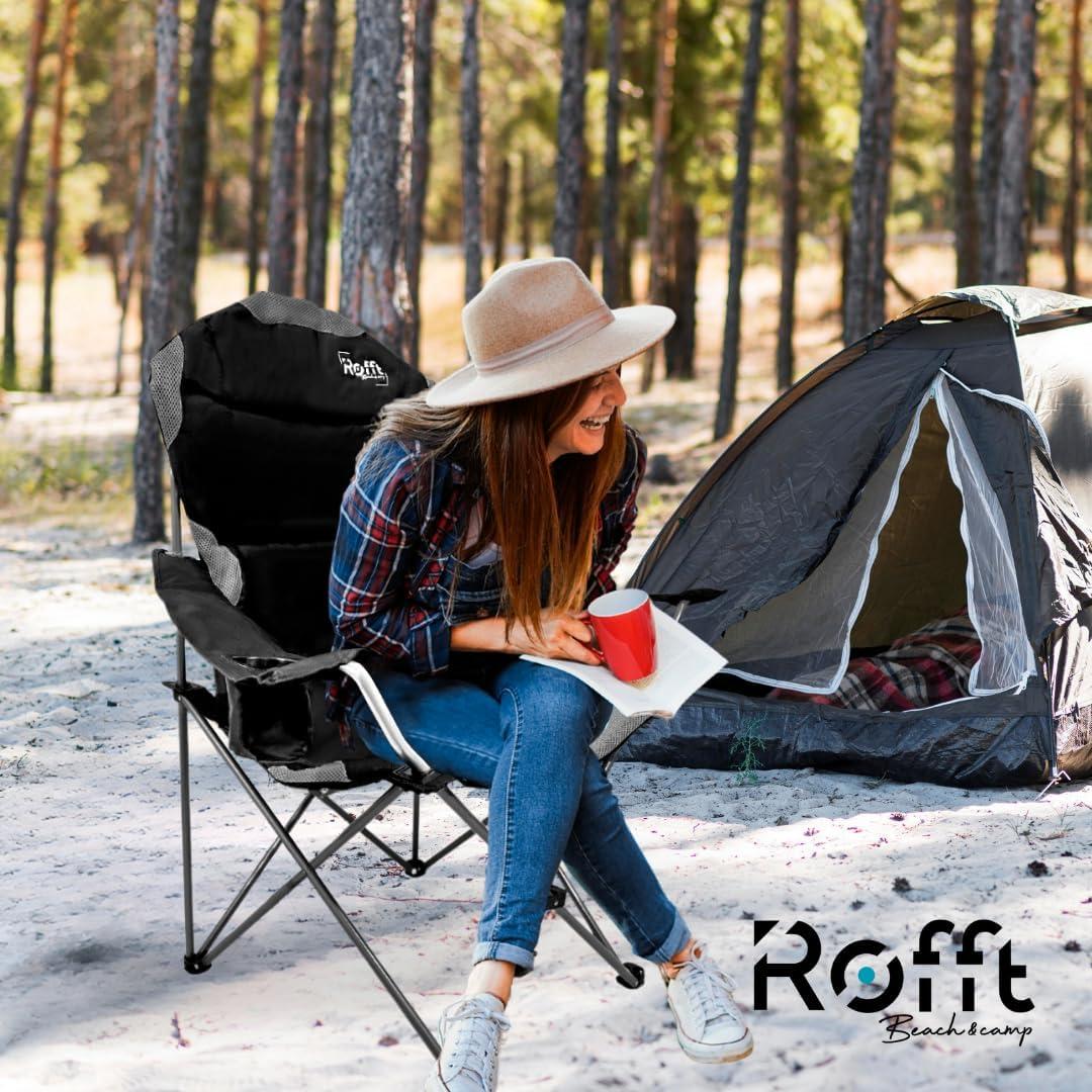 ROFFT Camping Chair, Folding, Heavy Duty, Portable, 250 lb Capacity, High Back, with Cup Holder, Black