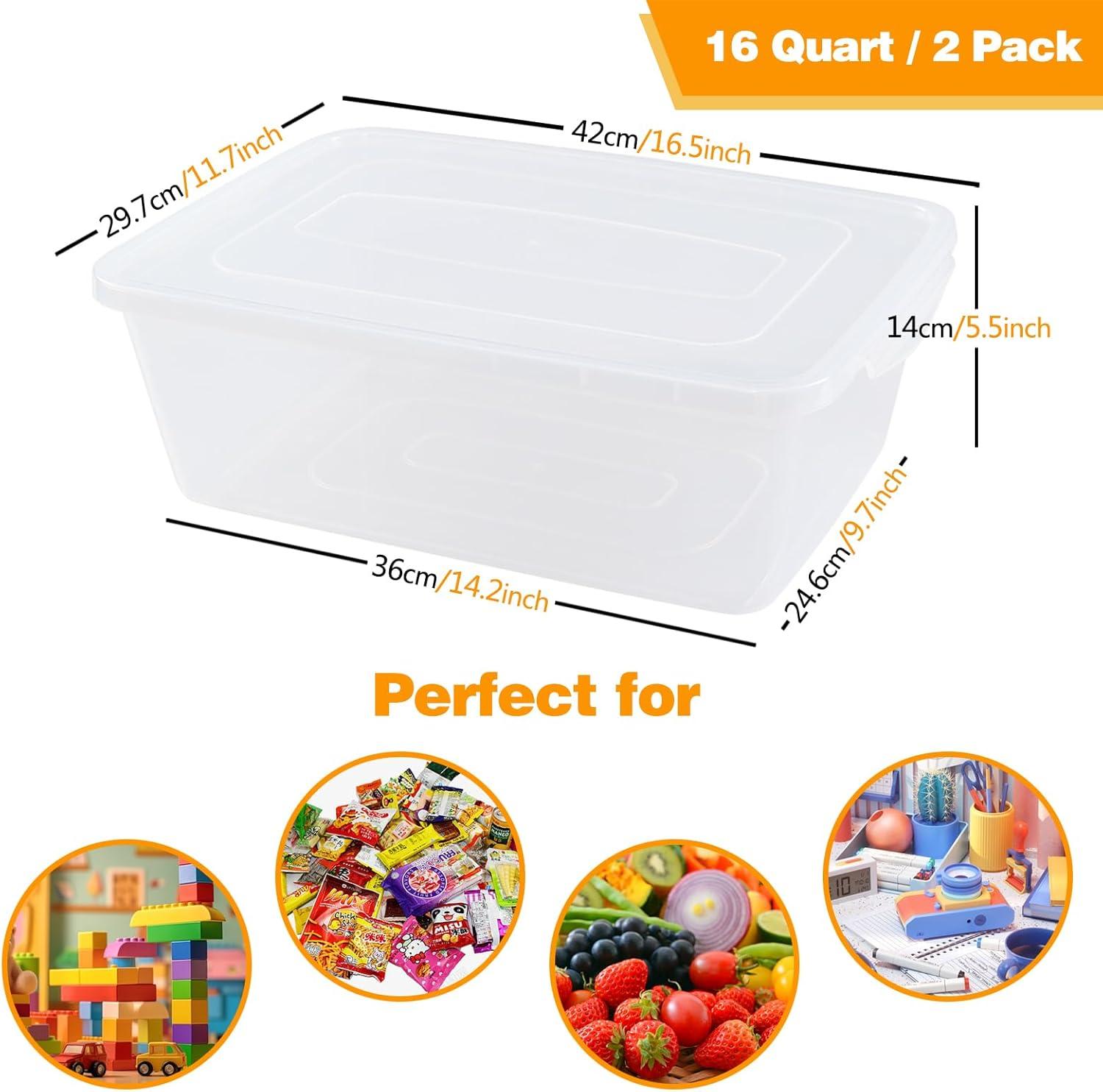 Clear Stackable Plastic Storage Boxes with Lids, 16 Quart, 2-Pack