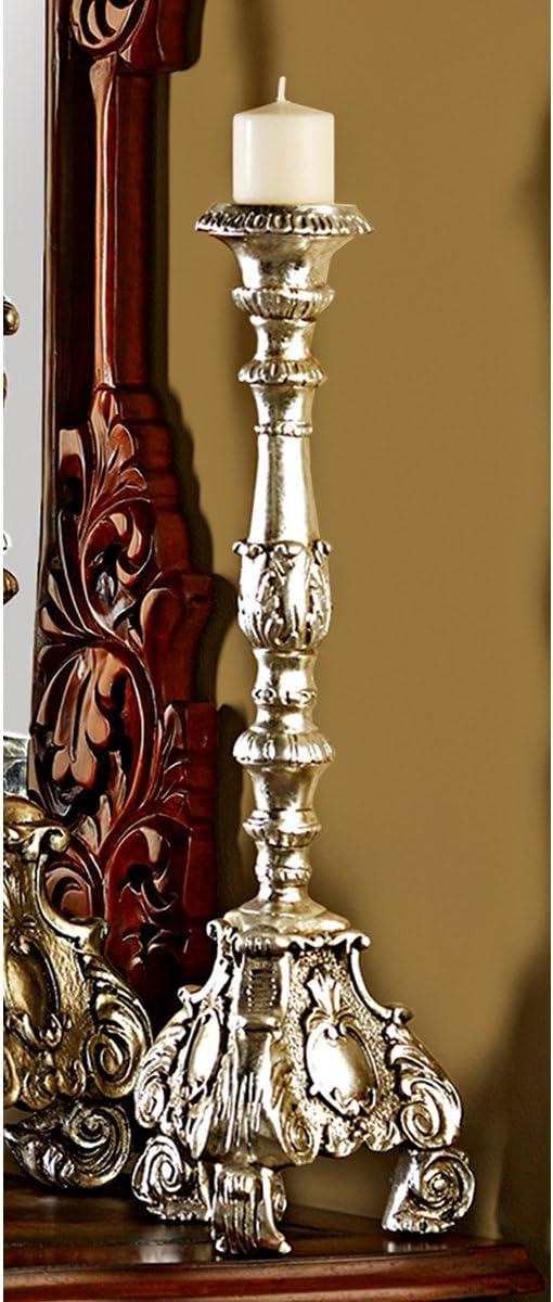 Elegant Baroque Scroll-Footed Silver Leaf Resin Candlesticks, Set of 2