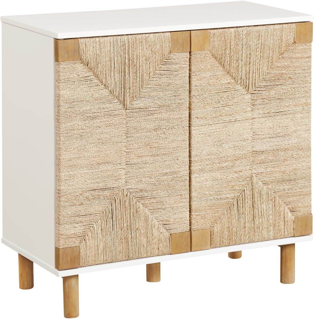 Nathan James Beacon Storage Cabinet Wood and Seagrass White: Veneer Surface, Fixed Shelf, Adult Assembly Required