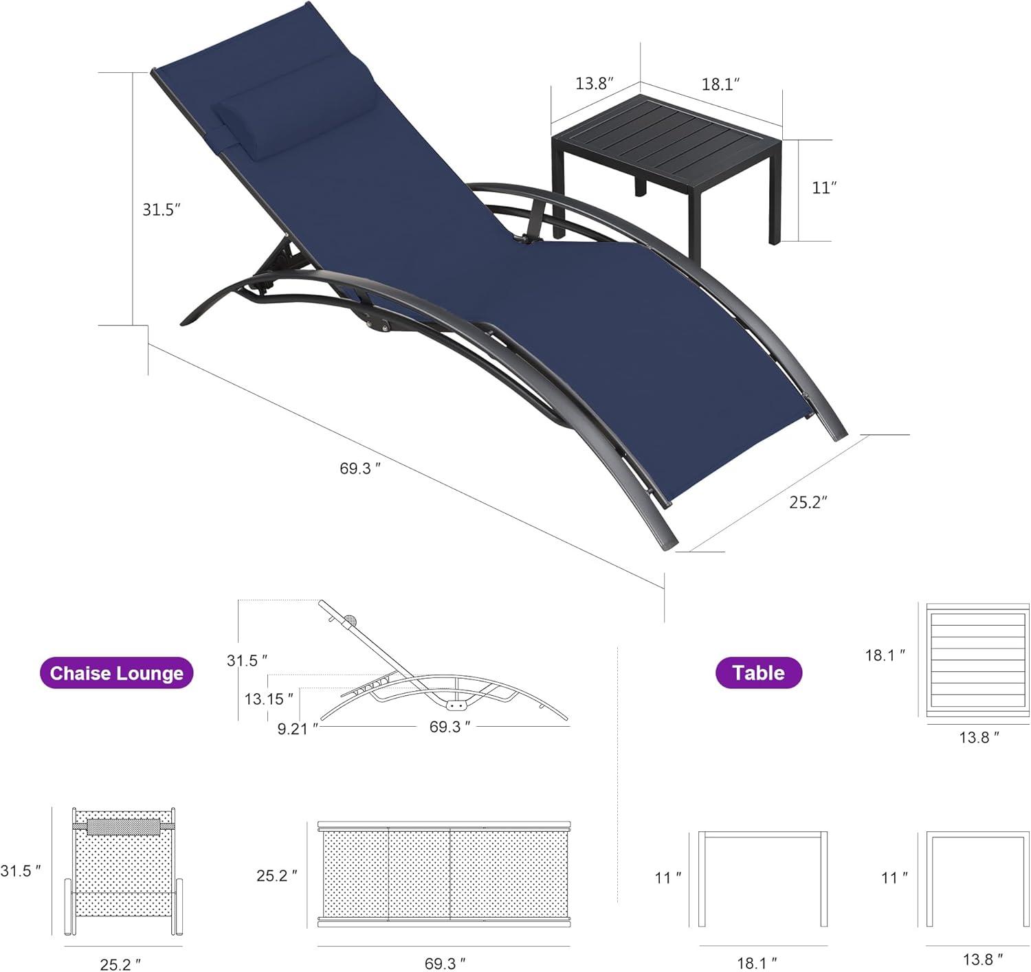 PURPLE LEAF Patio Chaise Lounge Set Outdoor Beach Pool Sunbathing Lawn Lounger Recliner Outside Tanning Chairs with Arm for All Weather Side Table Included Navy Blue