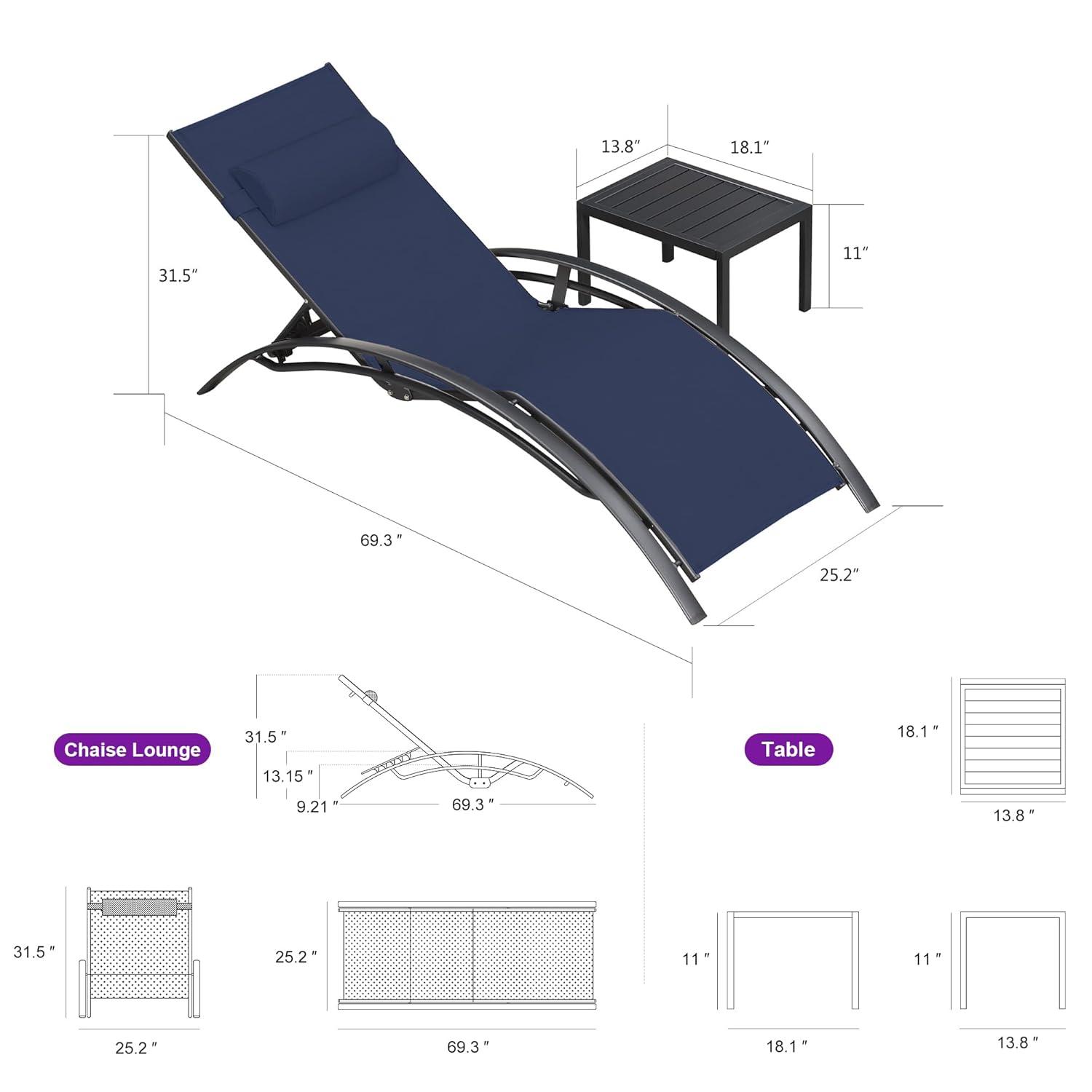 PURPLE LEAF Patio Chaise Lounge Set Outdoor Beach Pool Sunbathing Lawn Lounger Recliner Outside Tanning Chairs with Arm for All Weather Side Table Included Navy Blue