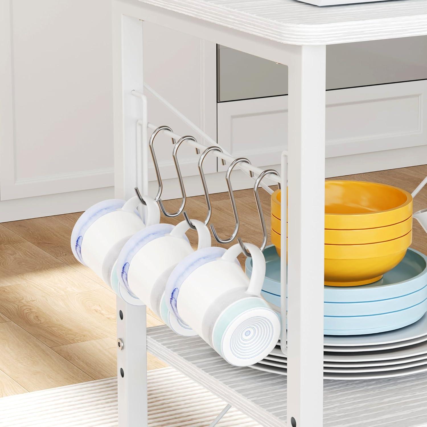 Mr IRONSTONE 3-Tier Kitchen Bakers Rack Utility Microwave Oven Stand Storage Cart Workstation Shelf(Light Beige Top+White Metal Frame)