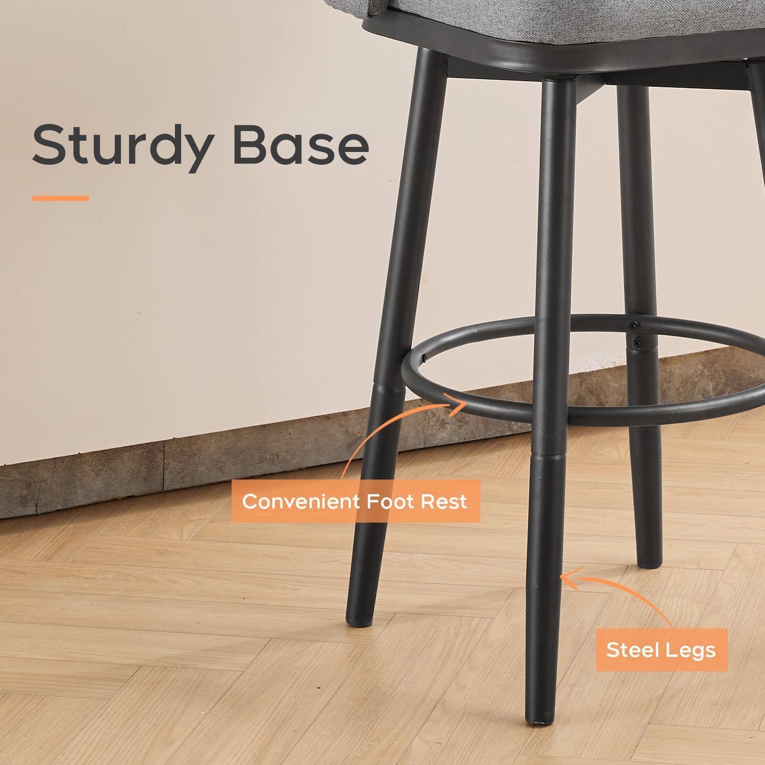 ELIASER Bar Stools Set of 2,Counter Height Barstools Swivel Chair for Kitchen Counter with Back Upholstered Linen Foam Cushion,Metal Leg 29 Inch and 24 Inch Gray