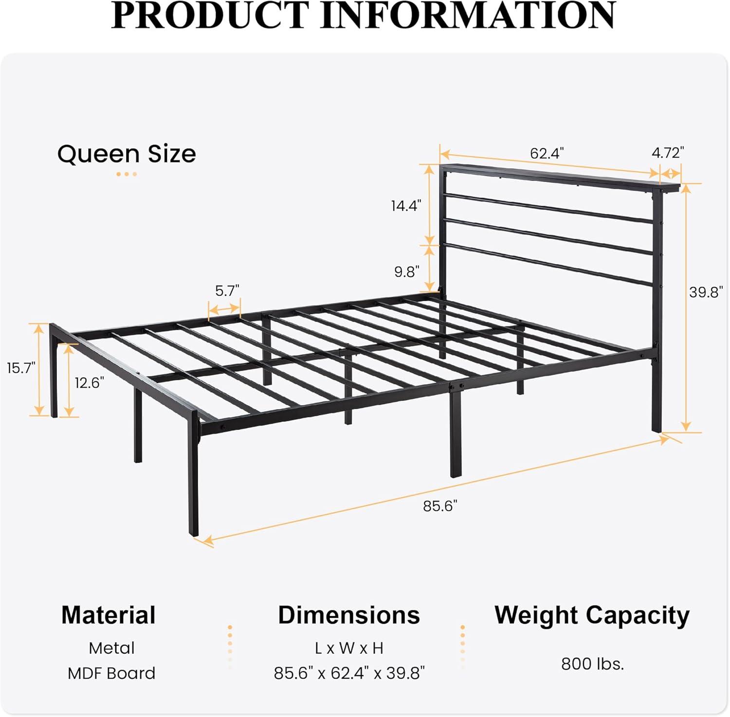 Killeryuki Queen Size Bed Frame with Headboard Shelf, Heavy Duty Platform Bed Frame with Strong Metal Foundation, No Box Spring Needed, Black