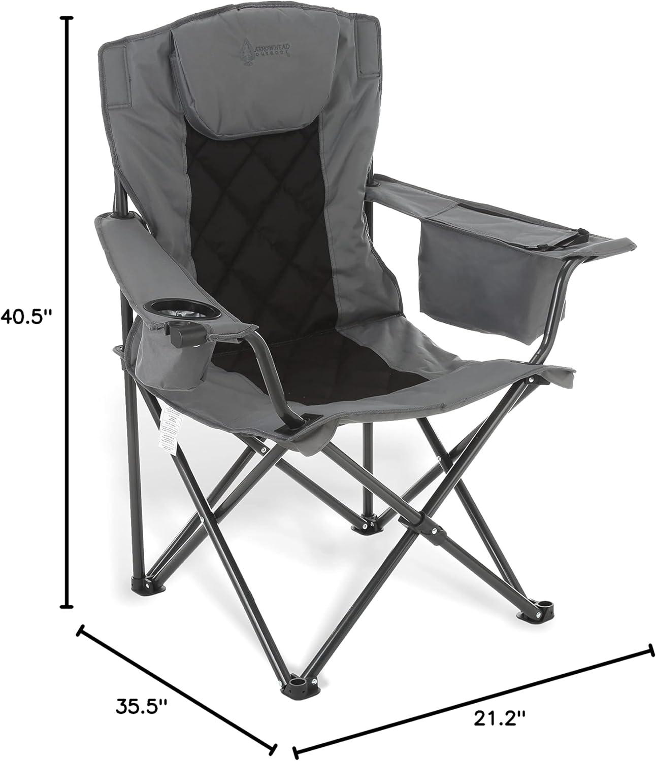 ARROWHEAD OUTDOOR Folding Camping Quad Chair w/ 6-Can Cooler, Cup & Wine Glass Holders, w/ Carrying Bag, Gray