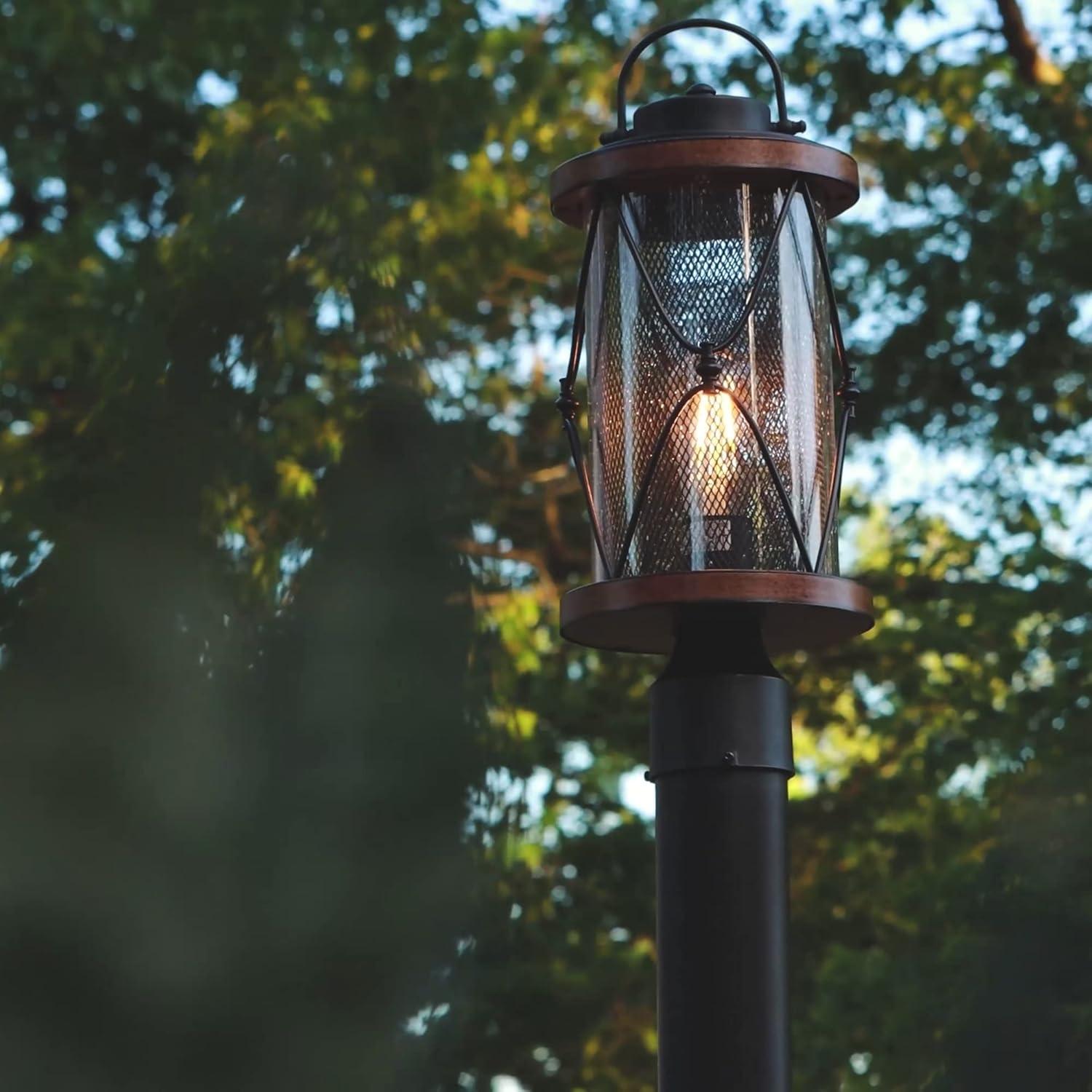 Matte Black and Barnwood Outdoor Post Light with Seeded Glass