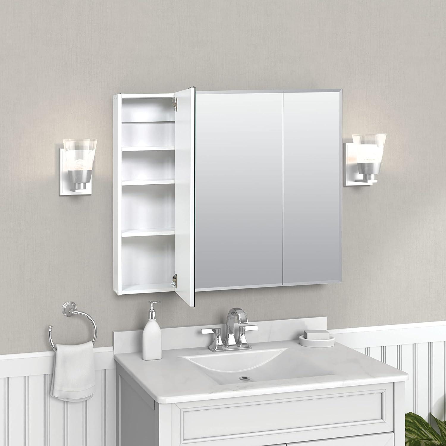 36" Silver Frameless Tri-View Medicine Cabinet with Beveled Edge