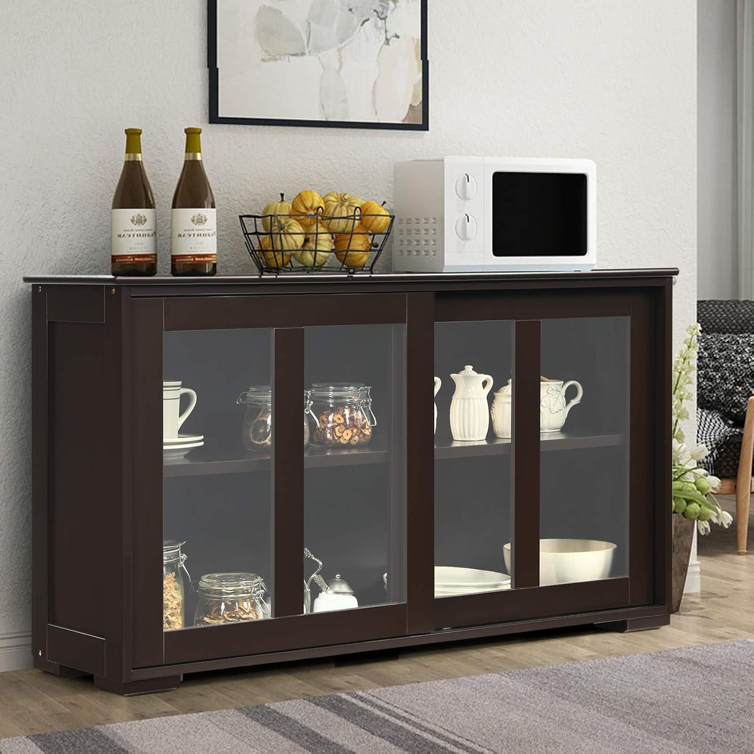 Kepooman Sideboard Buffet, Kitchen Storage Cabinet,Sideboard Buffet Cupboard Storage Cabinet with Sliding Door-Brown