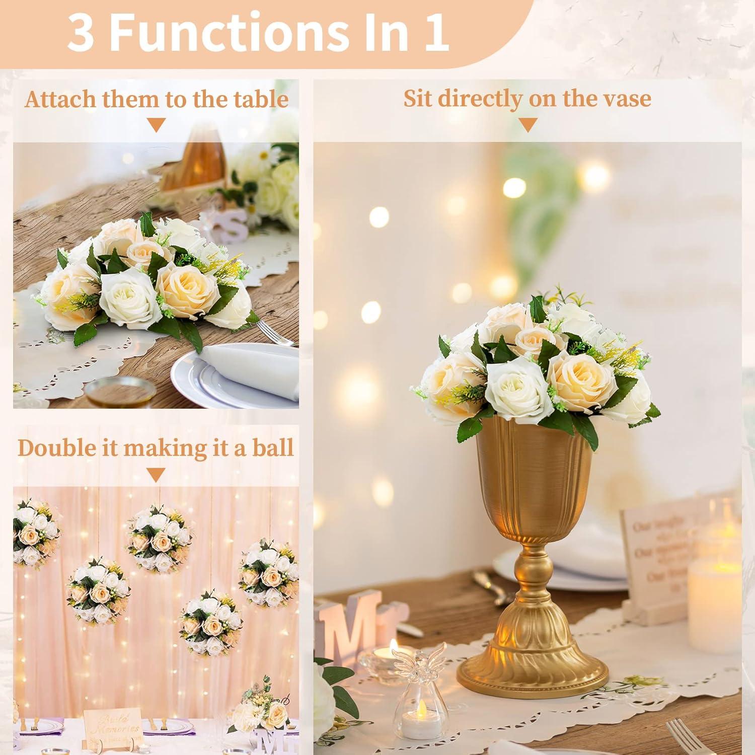 Nuptio Set of 10 Champagne Artificial Flower Kissing ball, 15 Heads Fake Peony Silk Rose Flowers Bouquet for Centerpiece Wedding Birthday Party Home Table Decor