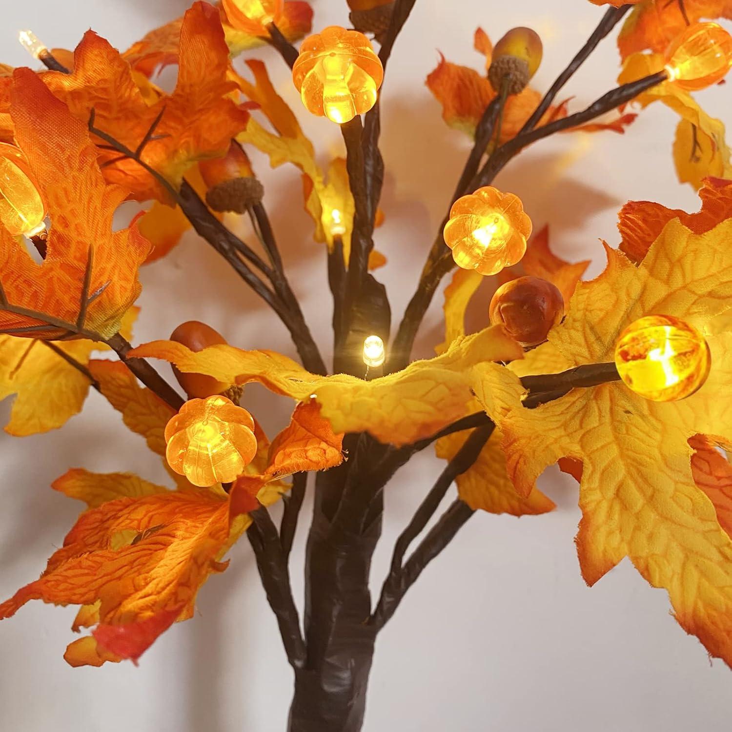 2 Pack 18 Inch Prelit Fall Maple Tree with 48 LEDs Timer Battery Operated Lighted Pumpkins 6 Acorns Tabletop Artificial Autumn Fall Home Indoor