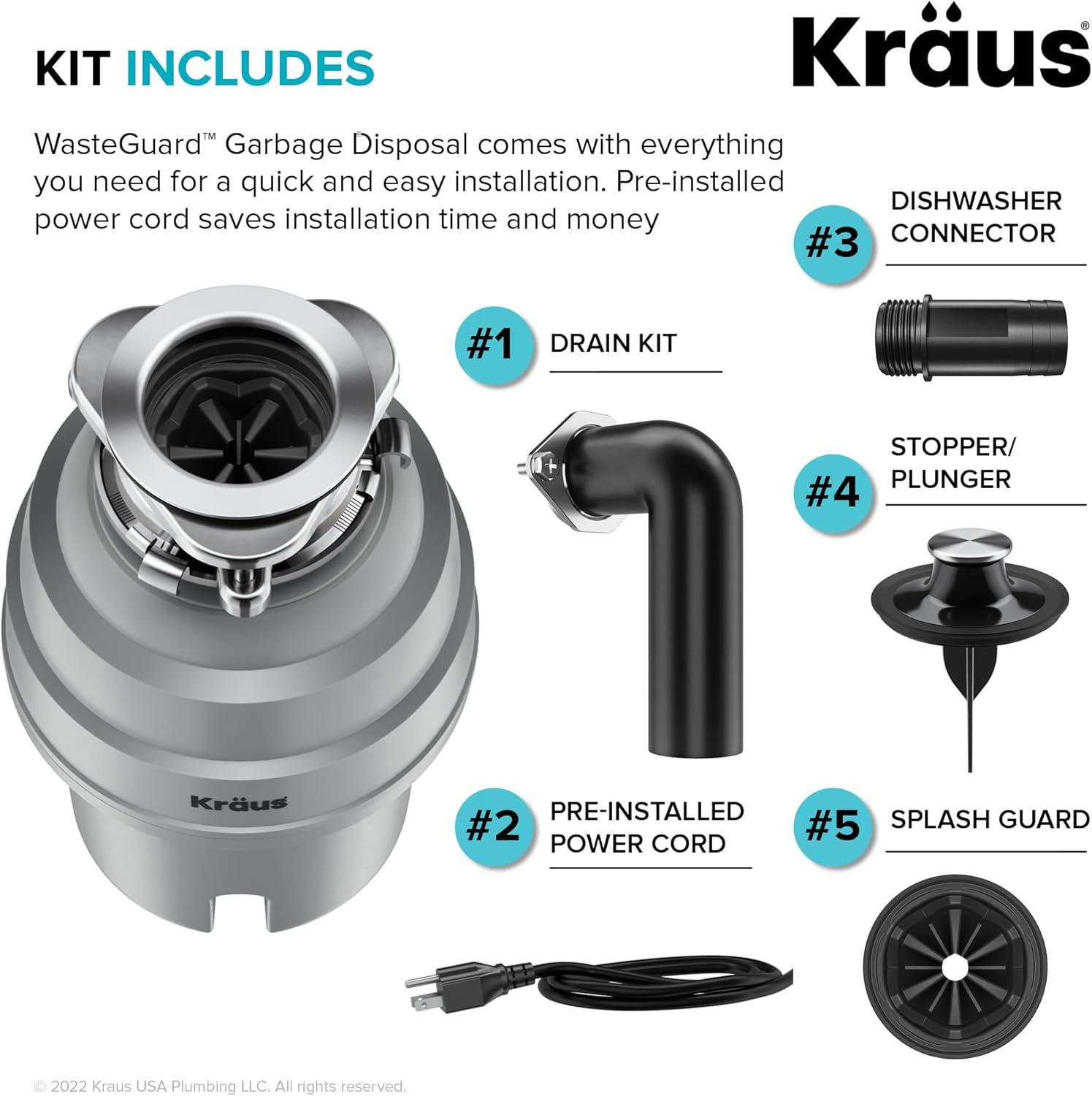 Kraus KRAUS Wasteguard High-Speed 1 HP Continuous Feed Ultra-Quiet Motor Garbage Disposal With Power Cord And Flange Included And Universal Mount, KWD200-100MGR