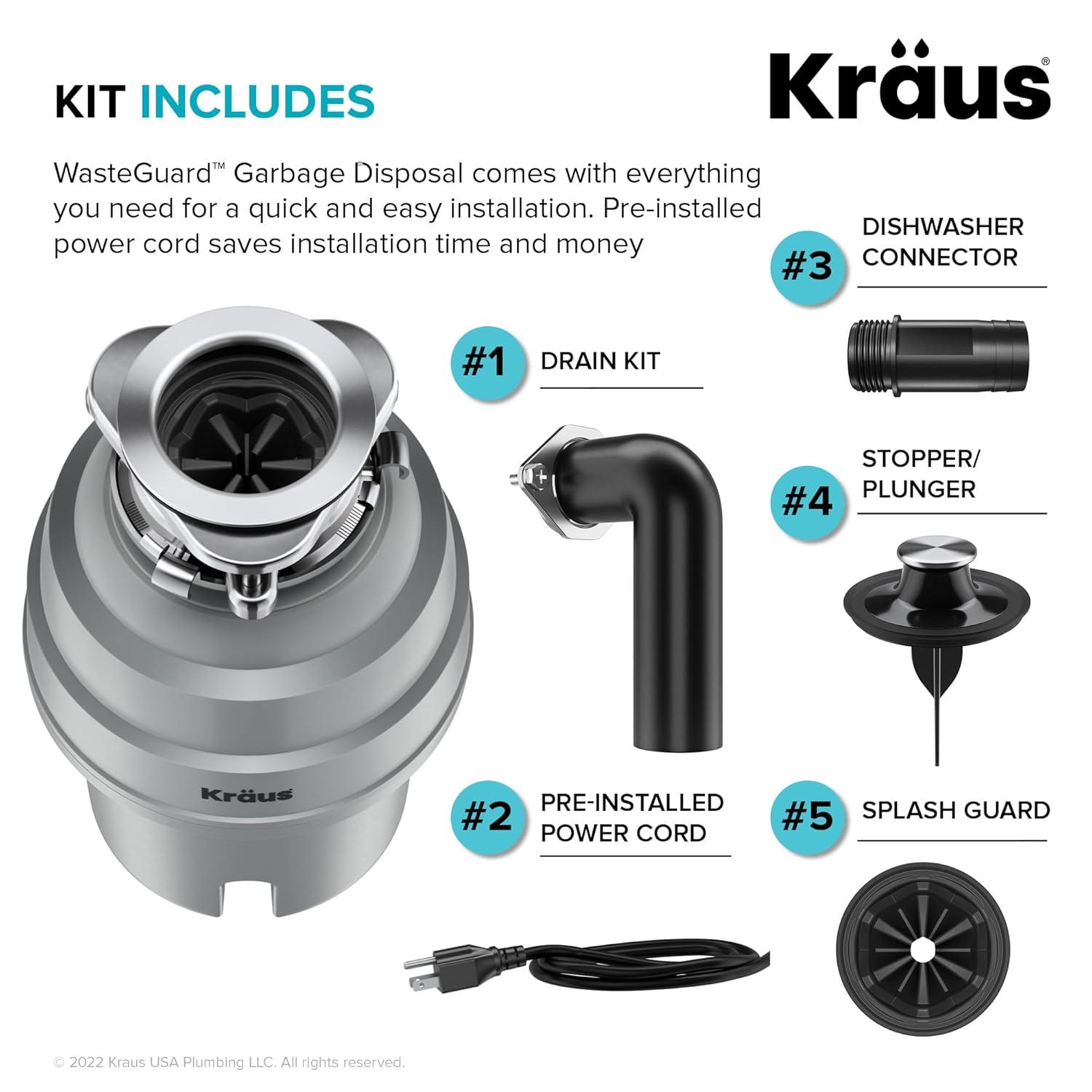 Kraus KRAUS Wasteguard High-Speed 1 HP Continuous Feed Ultra-Quiet Motor Garbage Disposal With Power Cord And Flange Included And Universal Mount, KWD200-100MGR