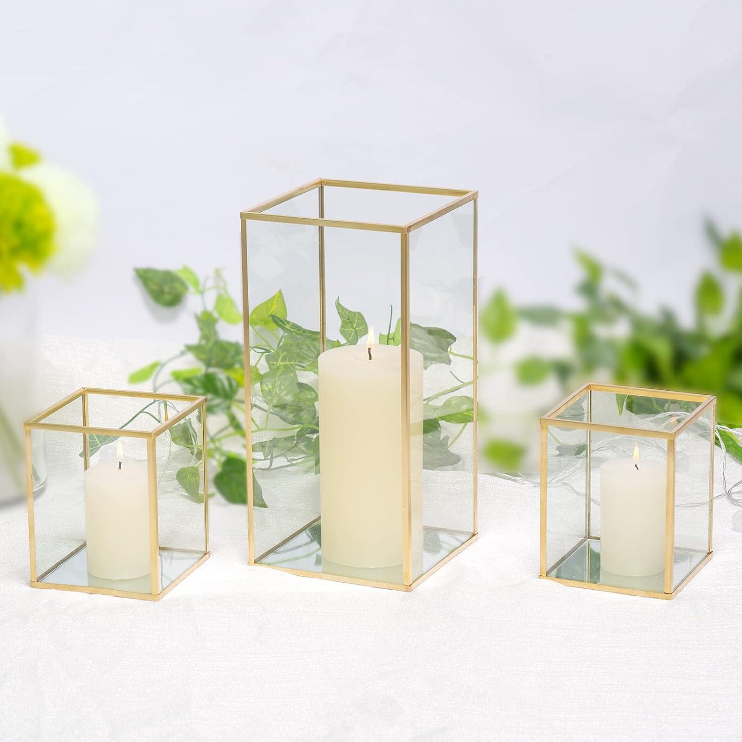 Phosphor Small Hurricane Candle Holder Set of 3 Pieces, Black Glass Candle Holder for Wedding, Party, Holiday.