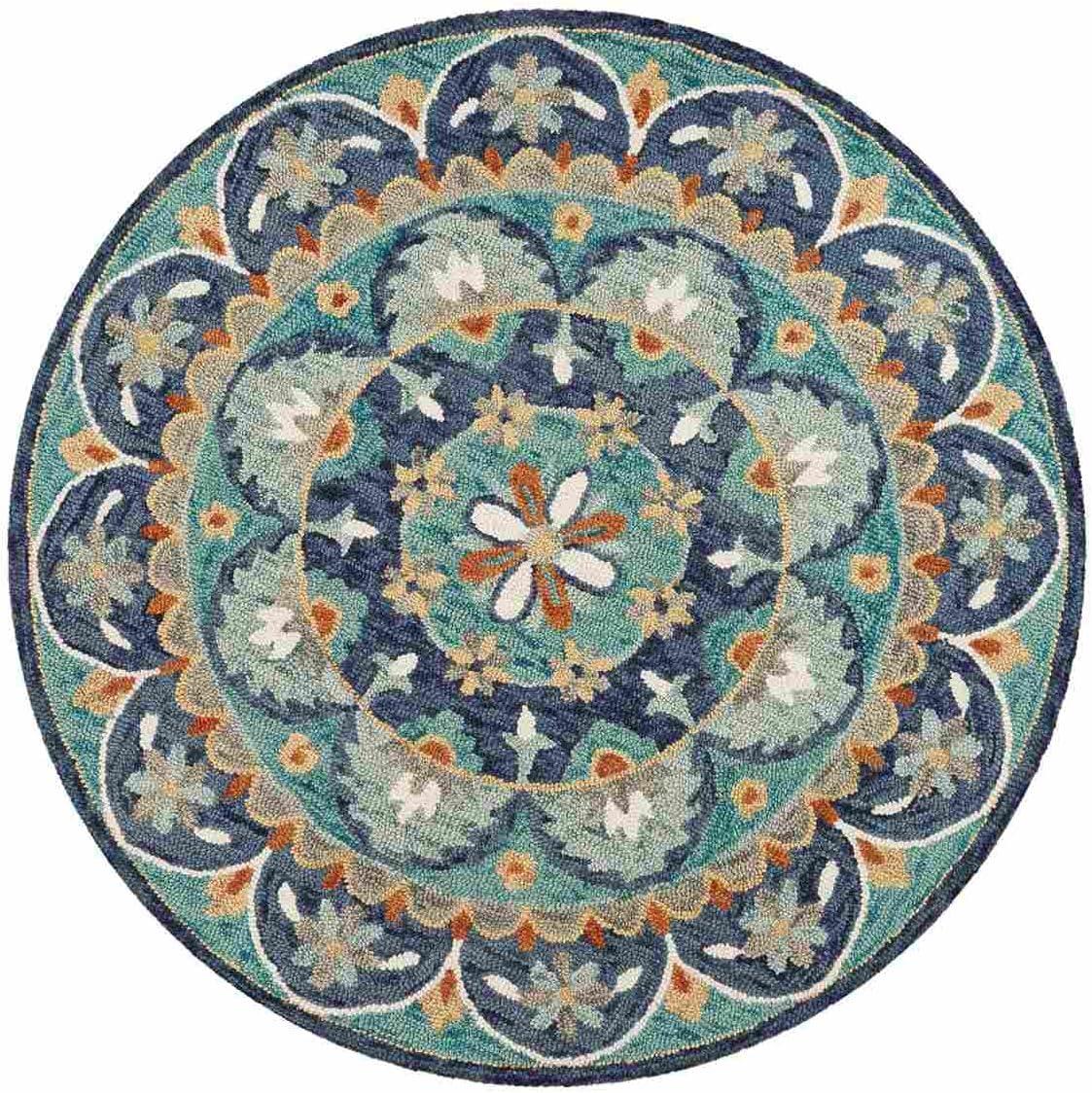 Ox Bay Elle 4' Round Teal/Blue Floral Medallion Indoor Area Rug