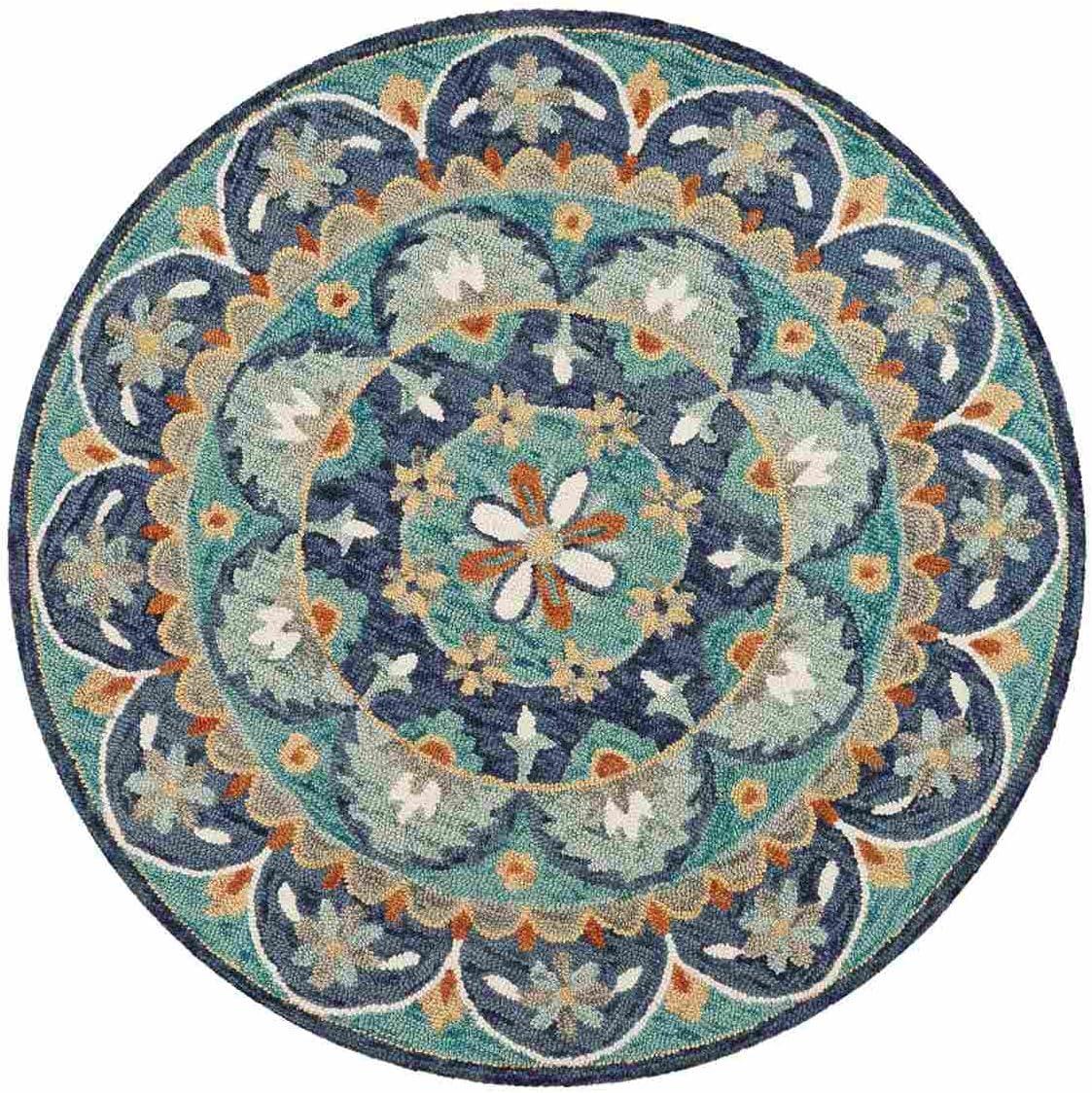 Ox Bay Dazzle Floral Tufted Green Blue Wool 4 Feet Round Rug