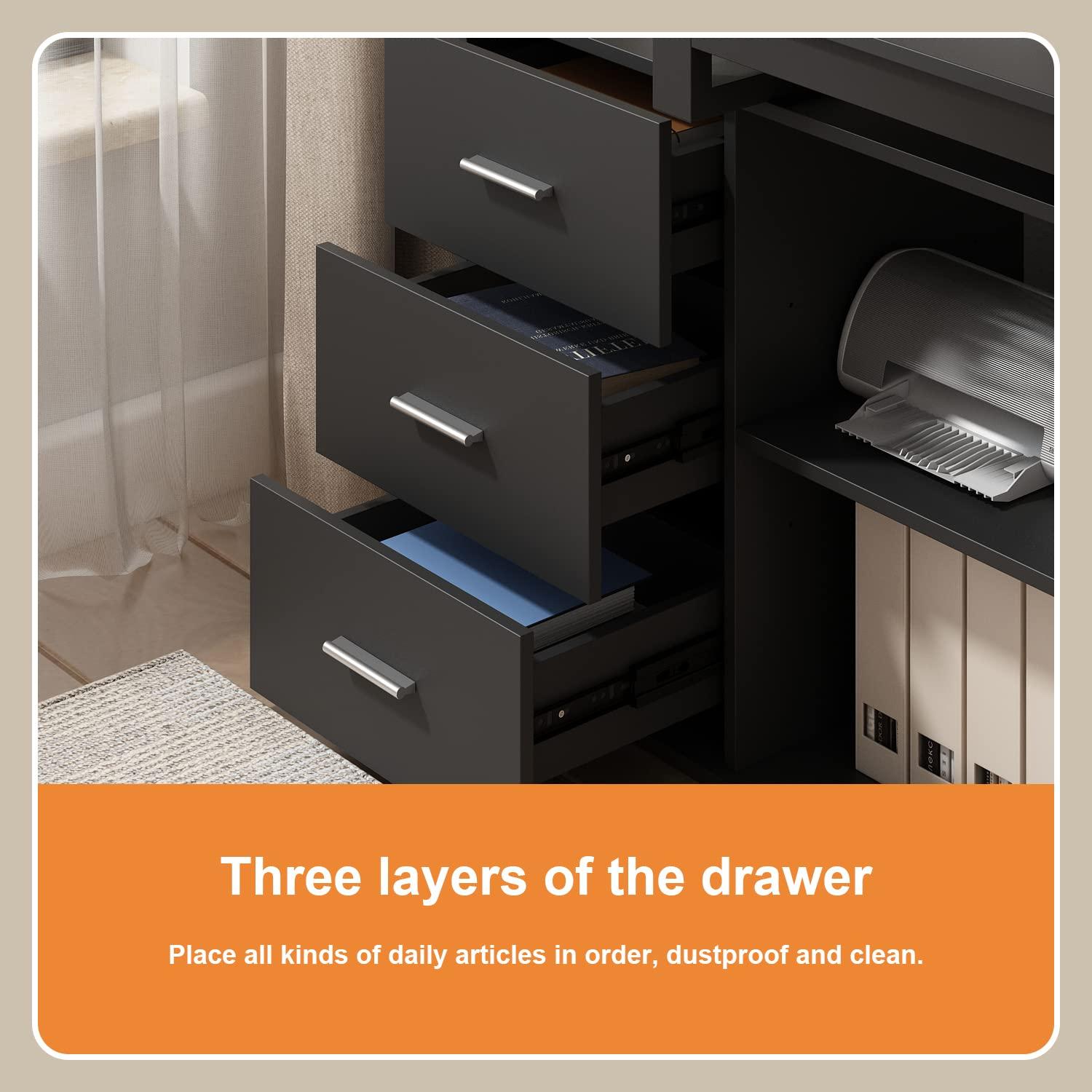 KULAGAGA L Shaped Computer Desk Corner Writing Workstation Table with Cabinet Drawer Storage for Home Office Study, Black