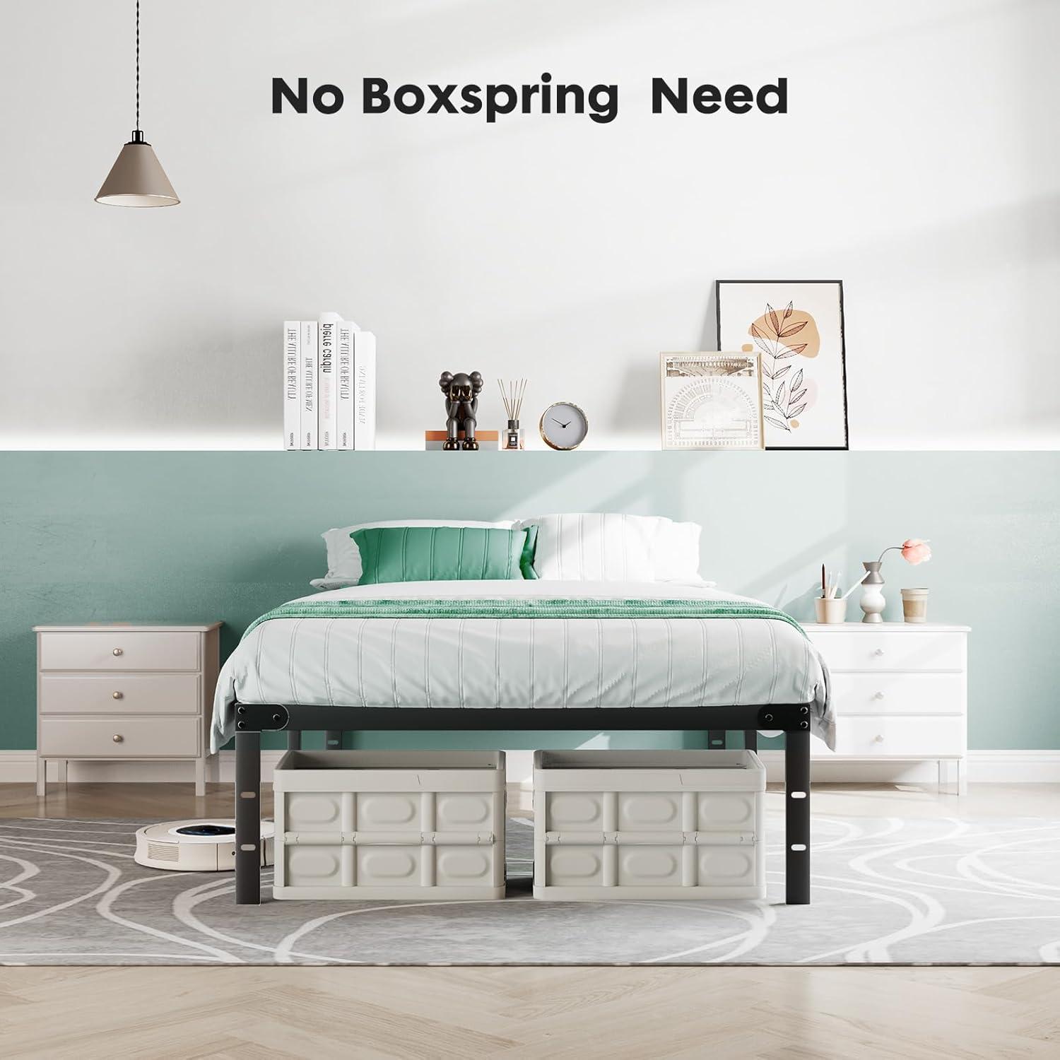 Queen Size Black Metal Bed Frame with Storage and Slats