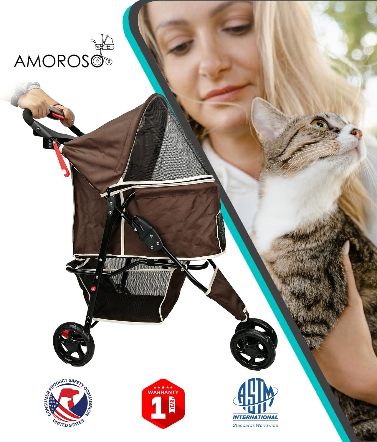 AmorosO Coffee Brown Foldable Pet Stroller with Storage