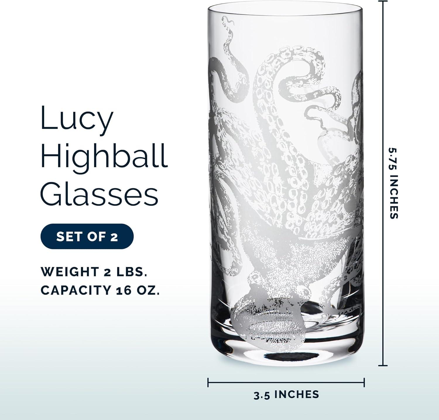 Lucy Hand-Etched Octopus Highball Glass Set of 2