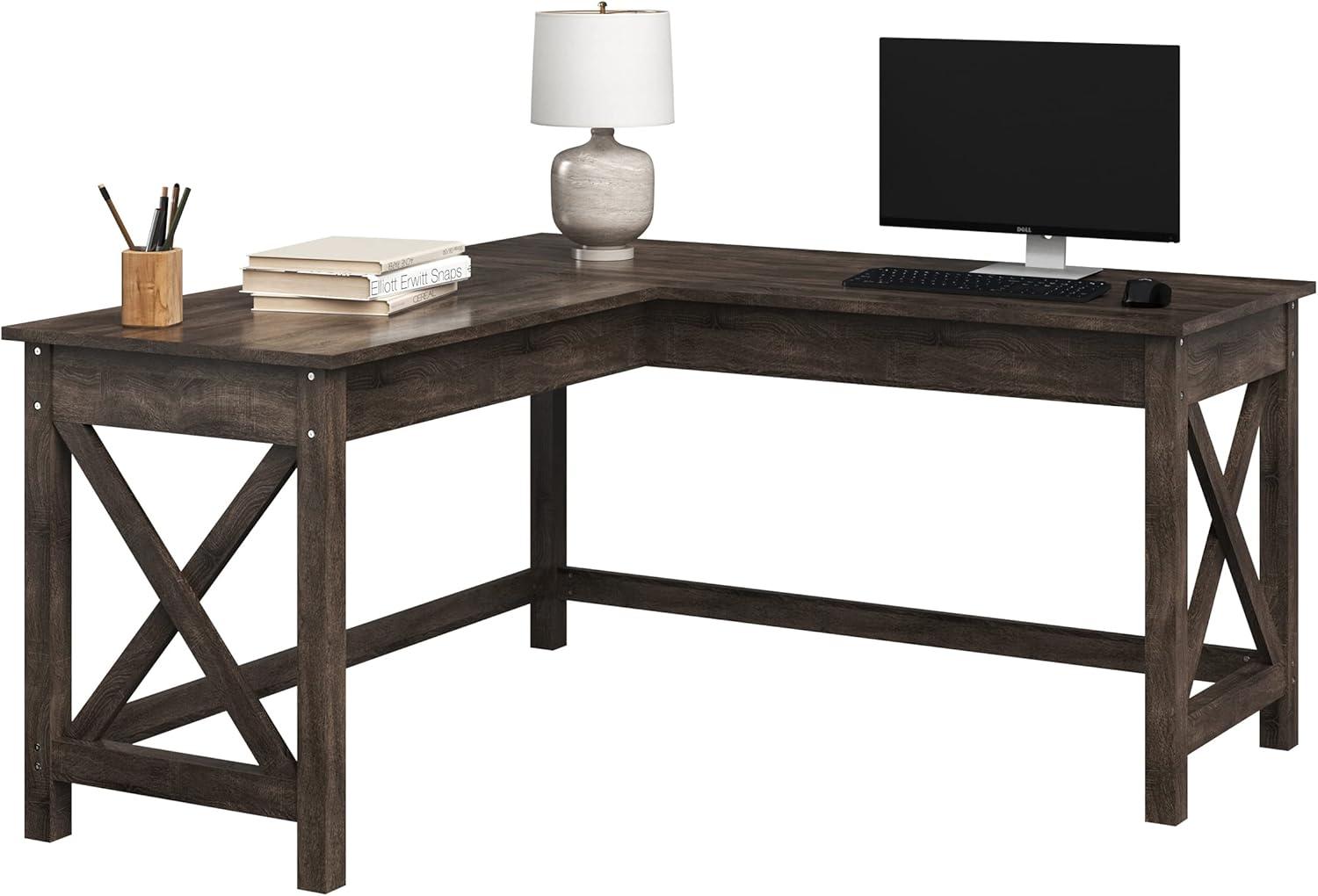 Lavish Home 59" L-Shaped Farmhouse Style Desk with Return for Home Office in Dark Gray Oak Finish