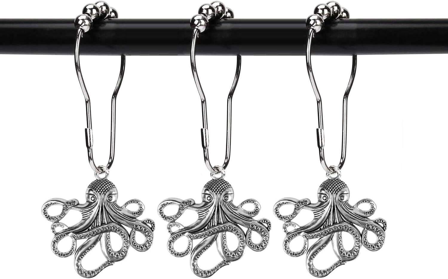 Set of 12 Octopus Shower Curtain Hooks Decorative Home Bathroom Squid Sea Creature Beast Stainless Steel Rustproof Brushed Nickel Rings with Octopus Decorative Accessories (Silver)