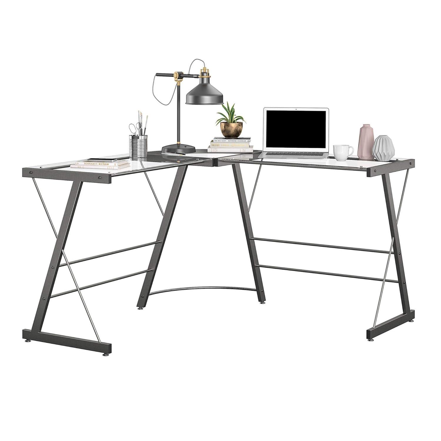 Ameriwood Home Glass L-Shaped Computer Desk, Gray