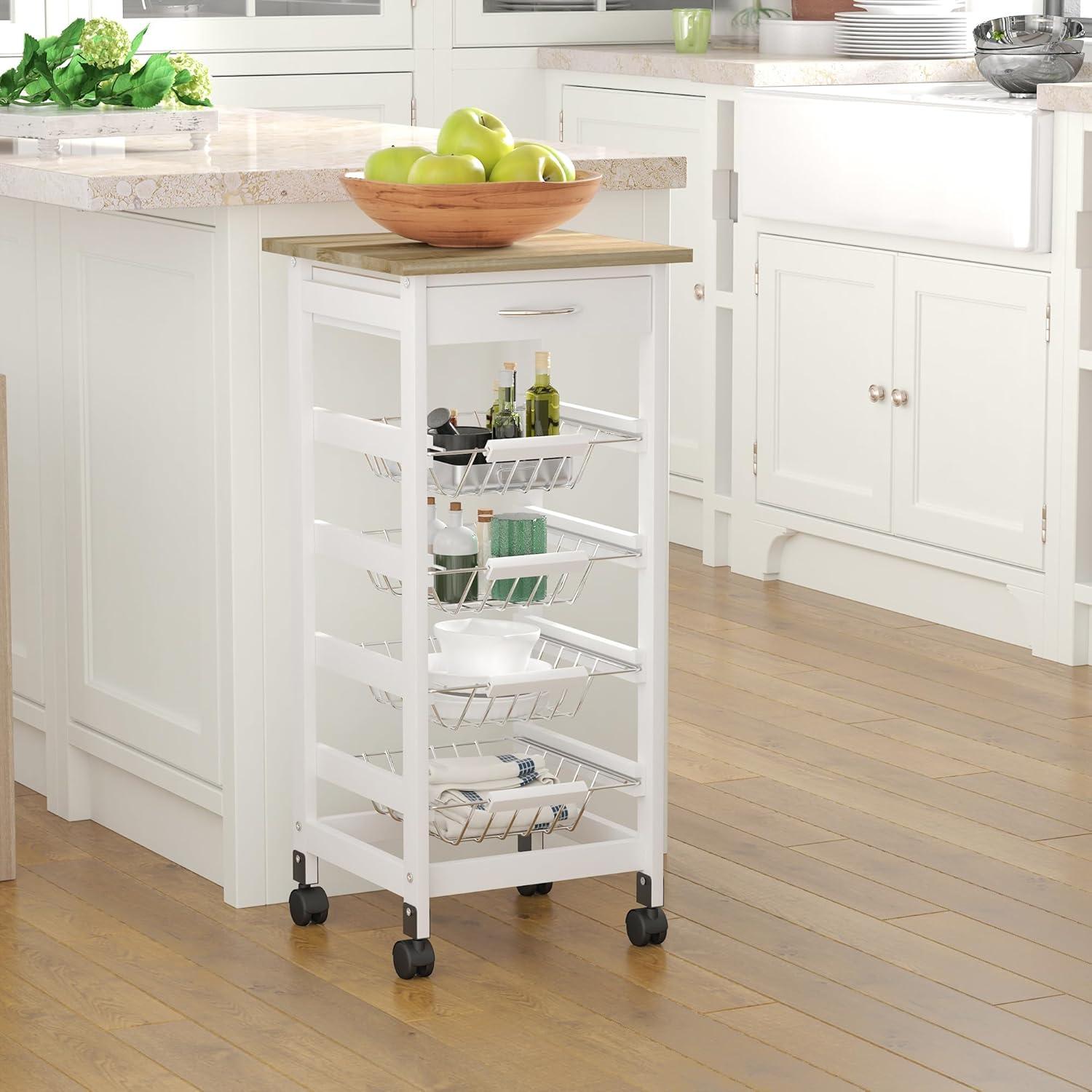 HOMCOM 32.25" Wooden Rolling Kitchen Storage Cart, Trolley Cart on 360° Swivel Wheels with Storage Drawer, Gray