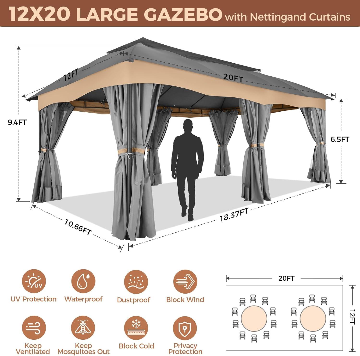 Hoteel 12X20 Heavy Duty Outdoor Patio Gazebo with Mosquito Netting and Curtains, Canopy Tent Deck Gazebo with Double Roofs and Metal Steel Frame for Party, Backyard, Deck, Garden, Gray