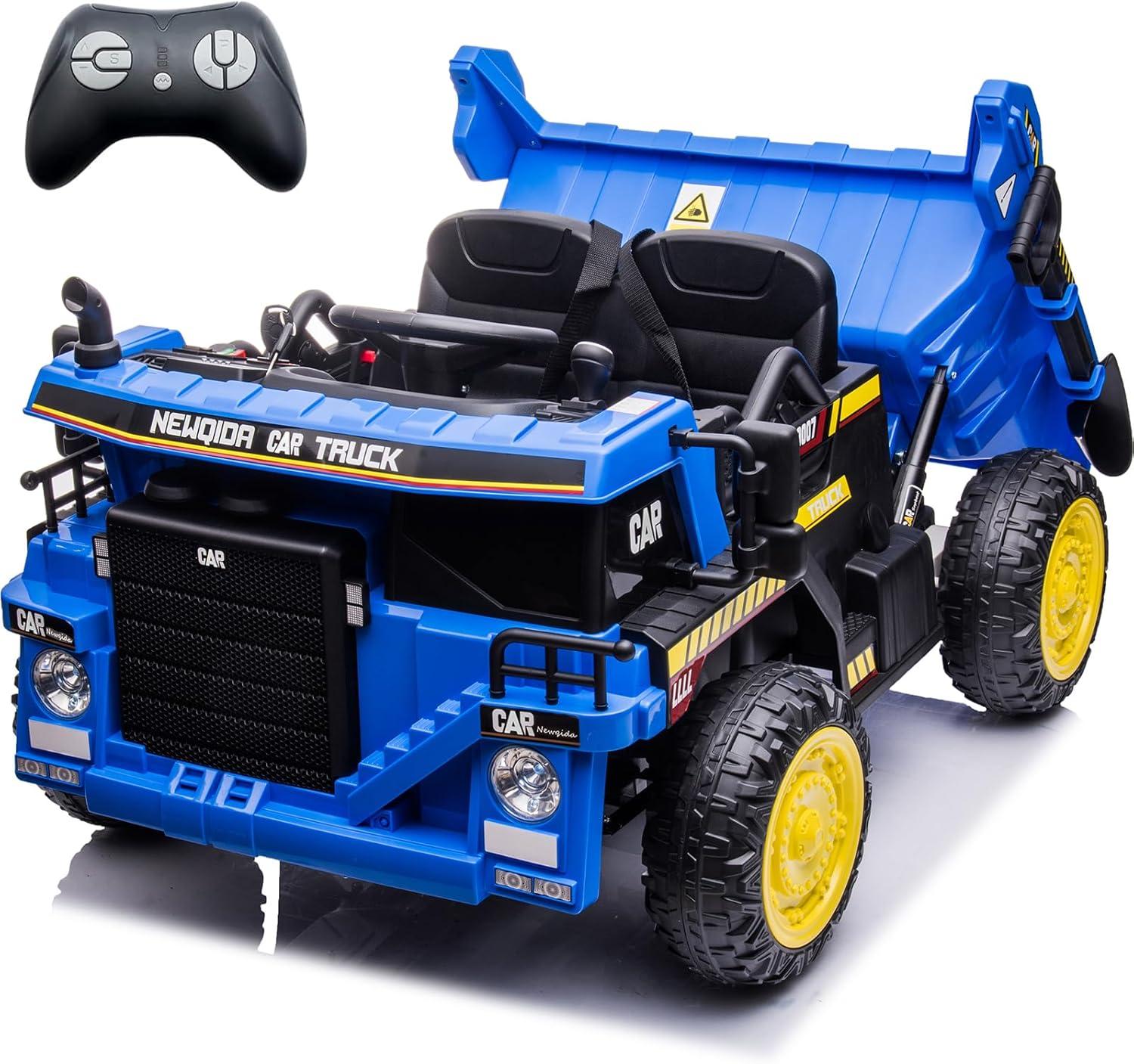 NEWQIDA 12V Ride On Dump Truck for Kids Car with Remote Control Construction Vehicles with Electric Dump Bed/Shovel, Ride On Toys for Boys Girls, 19" Spacious Seat, Music, Soft Start, Music, Blue
